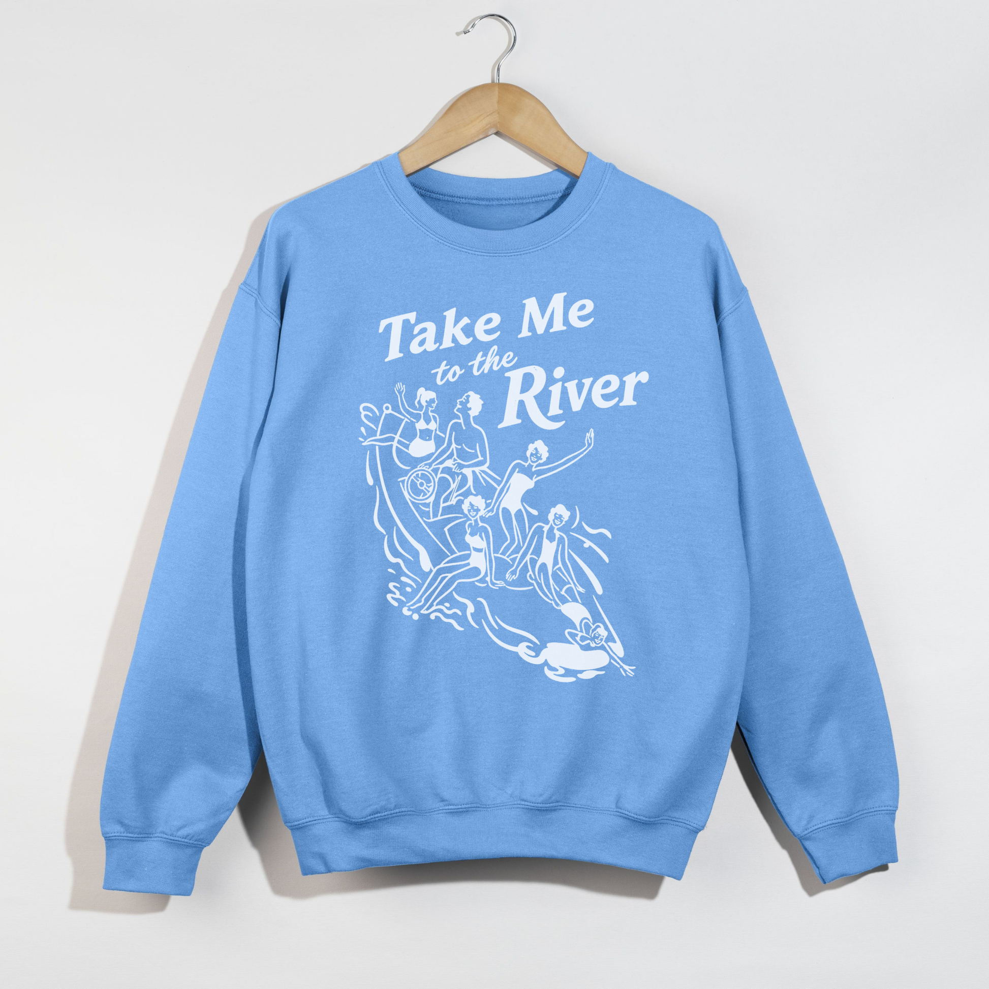 Carolina blue Take Me to the River sweatshirt with vintage lake illustration