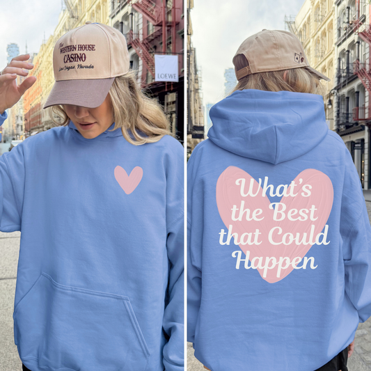 “Back of carolina blue hoodie showing pink heart with inspirational quote.”