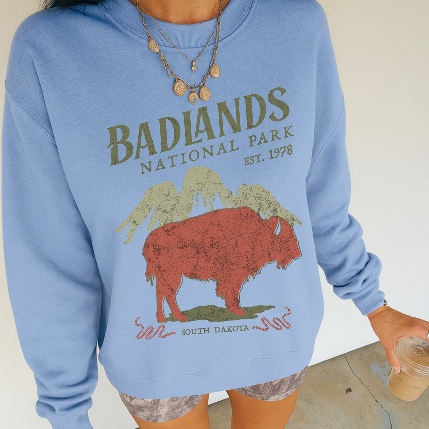 Carolina blue Badlands National Park graphic sweatshirt with vintage buffalo design worn casually