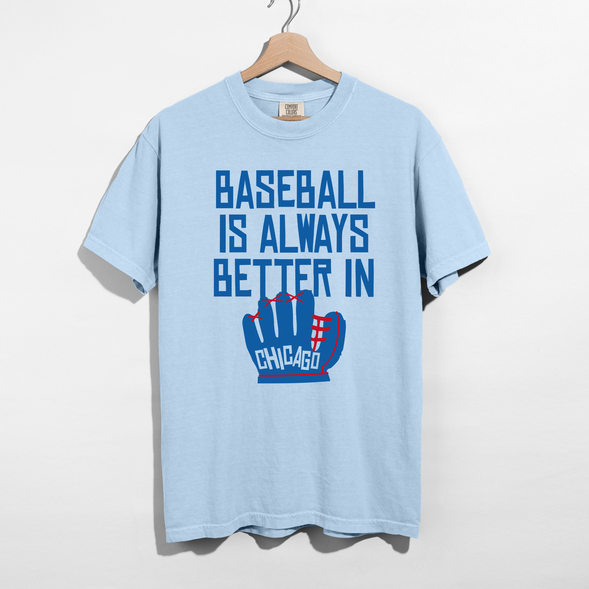 Chambray Comfort Colors Chicago Baseball Season tee with retro baseball glove graphic flat lay
