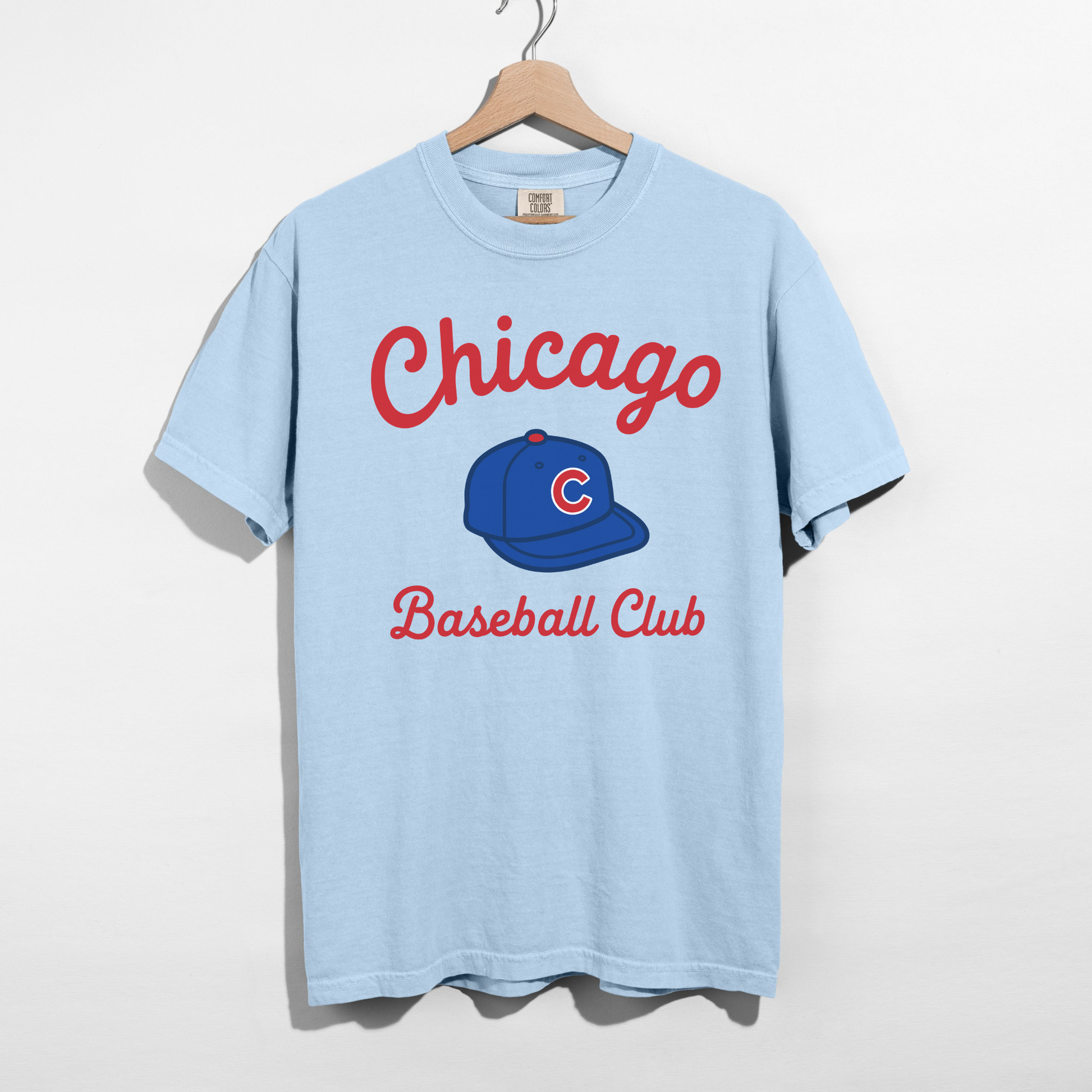 Chambray blue Chicago Baseball Club graphic tee printed on Comfort Colors 1717 shirt