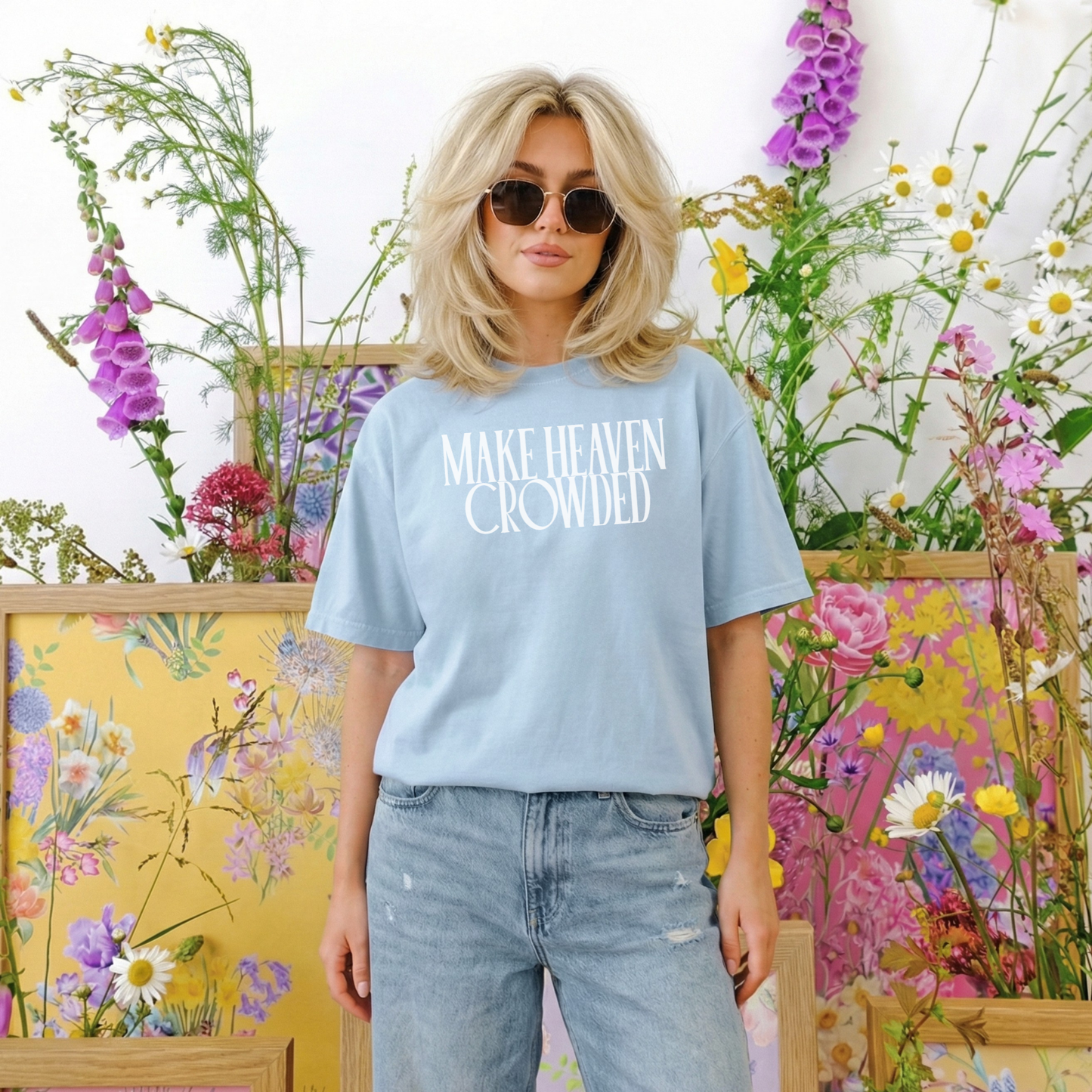 Blue Make Heaven Crowded faith graphic tee outfit inspiration spring aesthetic