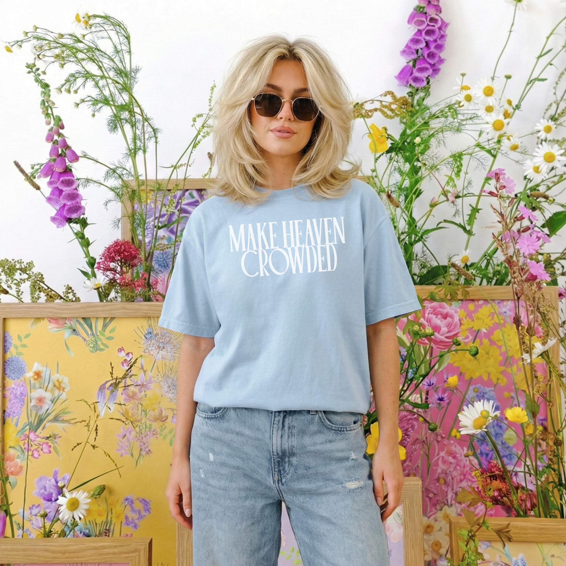 Blue Make Heaven Crowded faith graphic tee outfit inspiration spring aesthetic