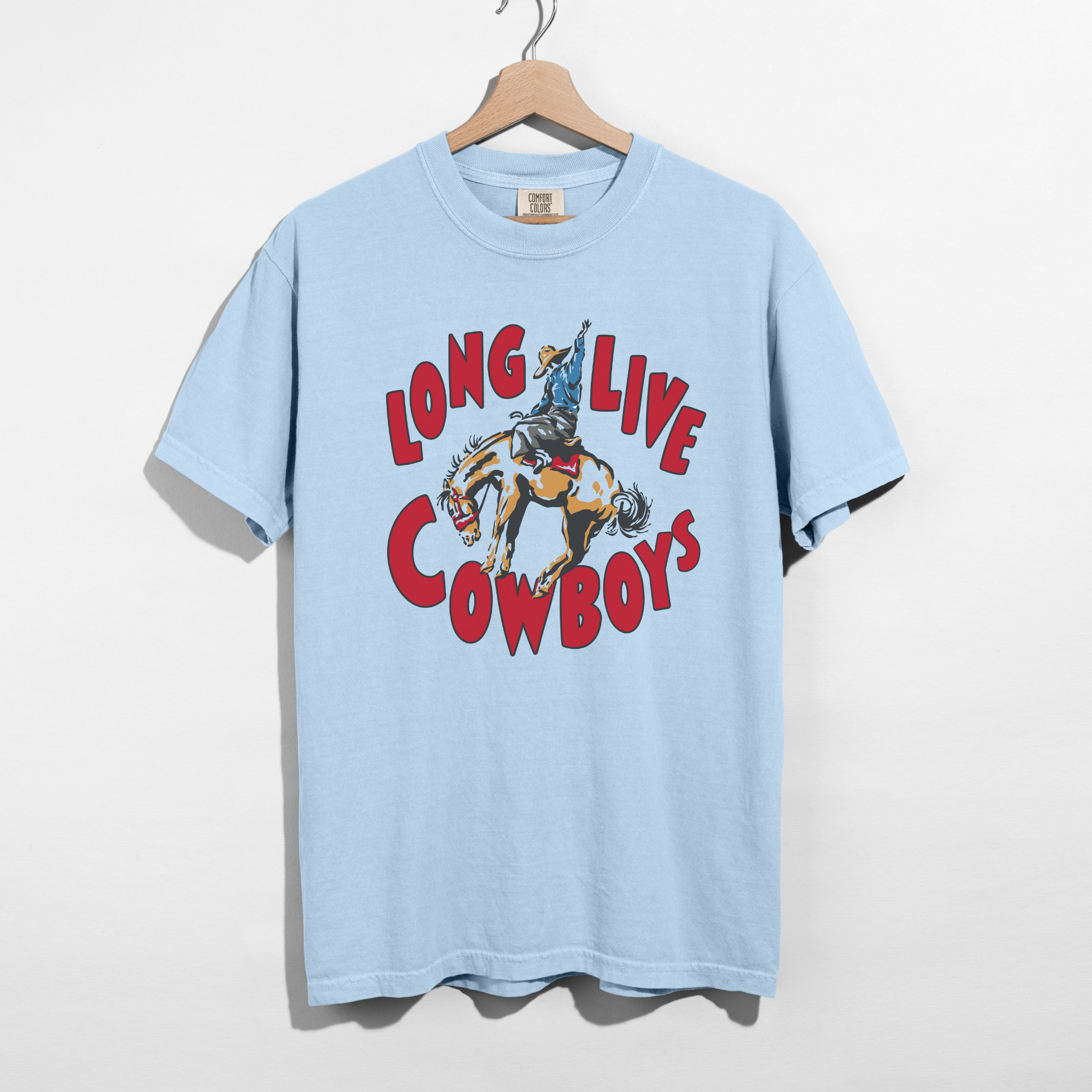 Long Live Cowboys graphic tee in chambray blue with western cowboy bronc illustration