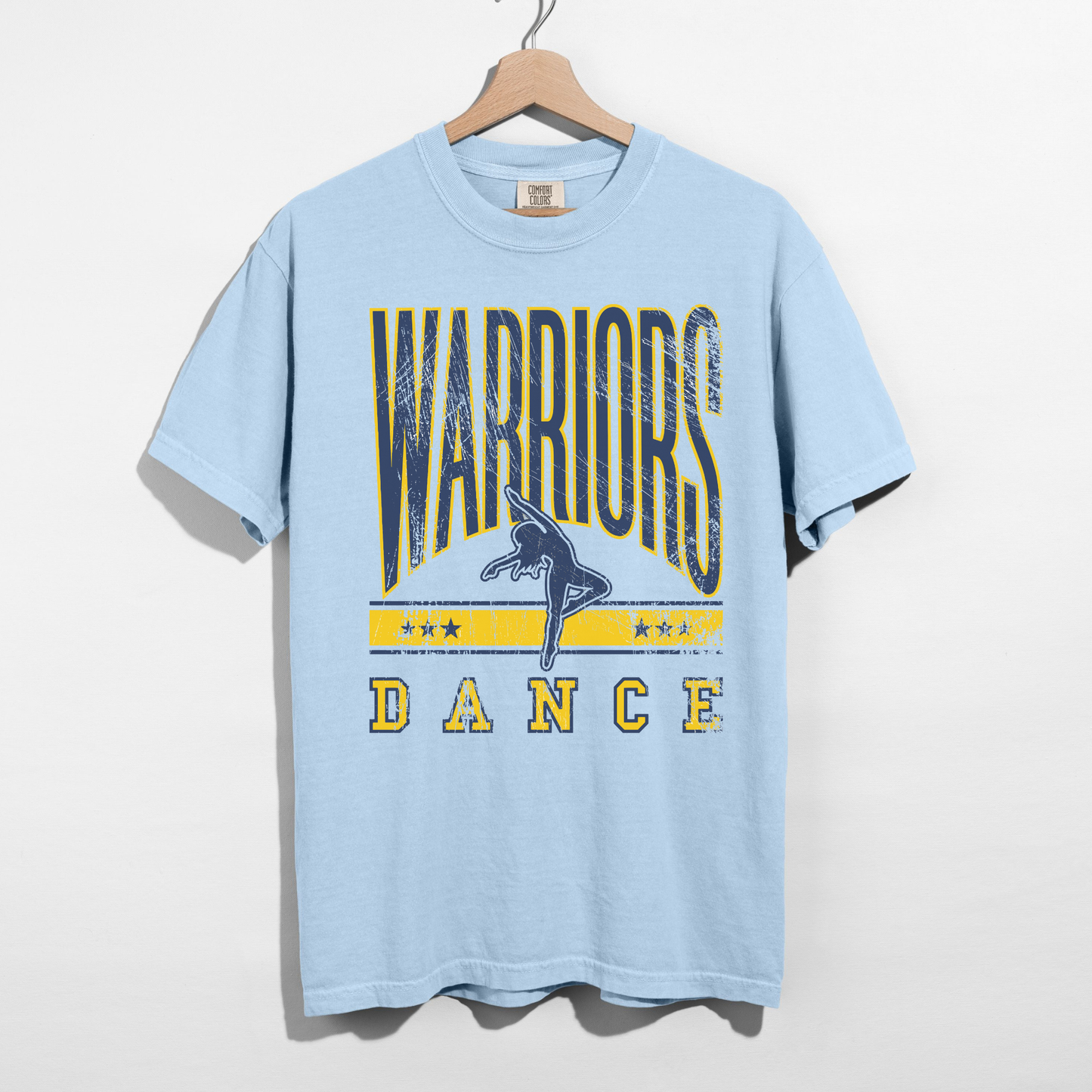 Chambray Warriors Dance school spirit shirt with vintage athletic design and dancer silhouette