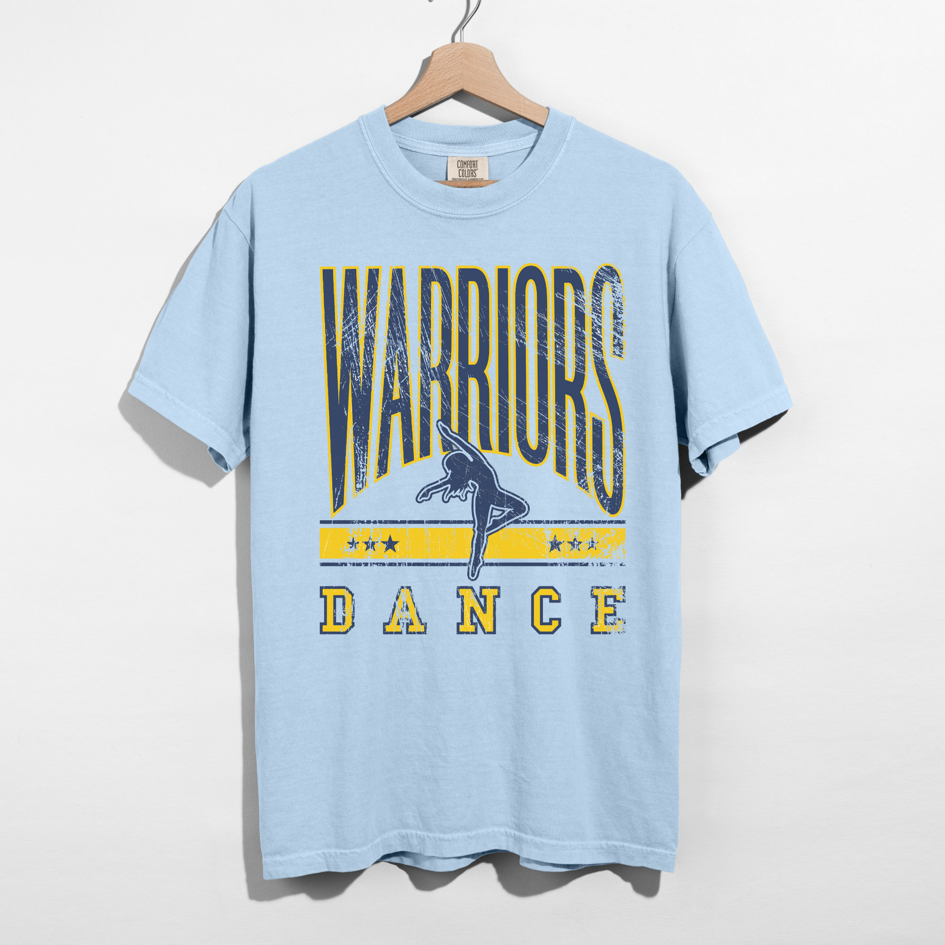 Chambray Warriors Dance school spirit shirt with vintage athletic design and dancer silhouette