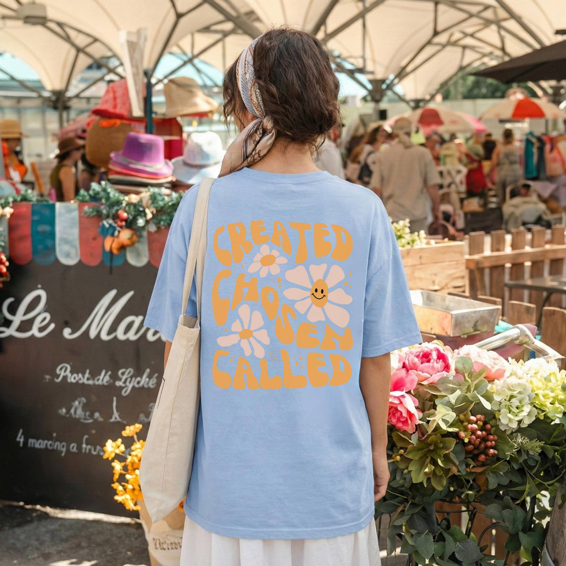 Person wearing a blue t-shirt with floral text design at an outdoor market.