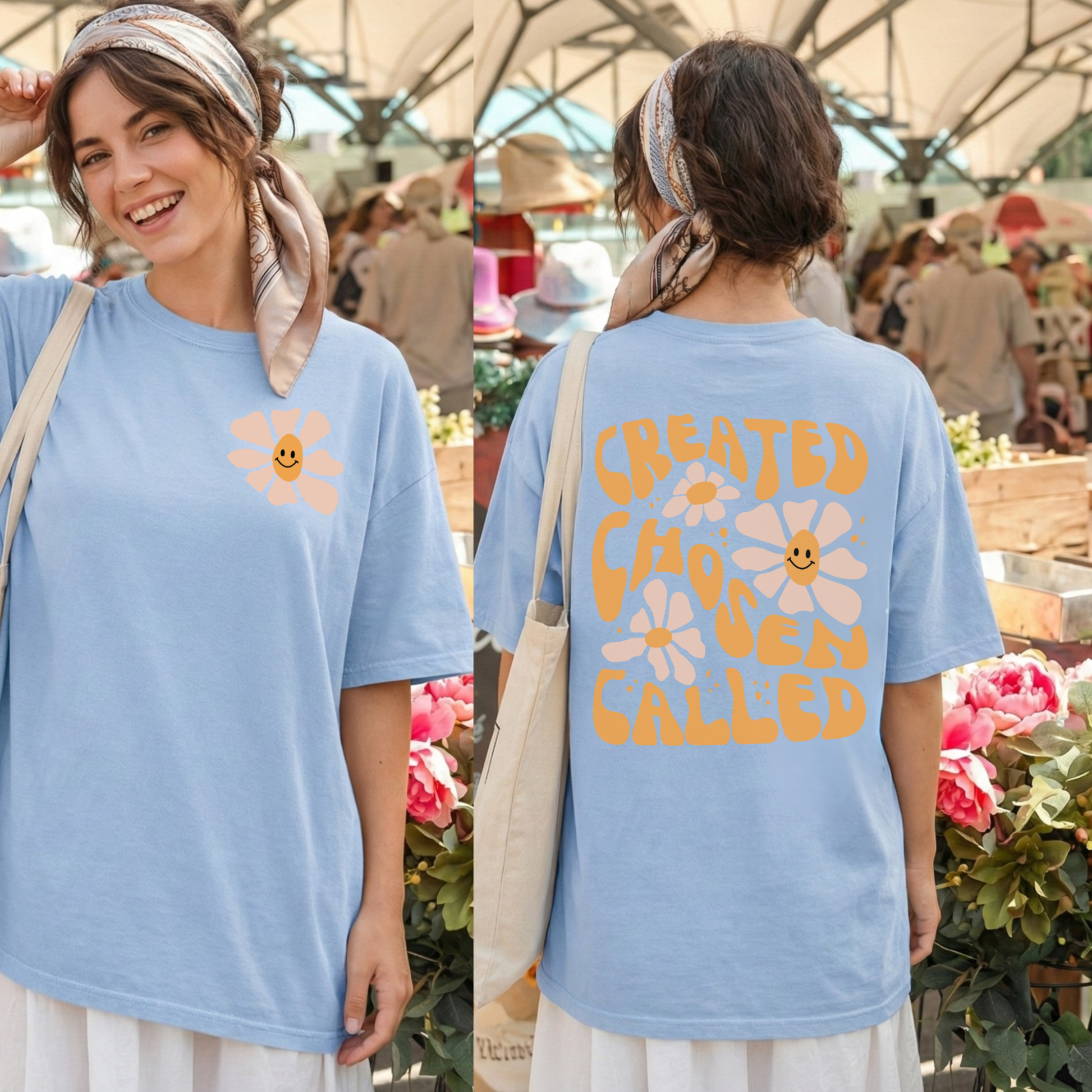 Christian boutique graphic tee with Created Chosen Called back print in chambray blue
