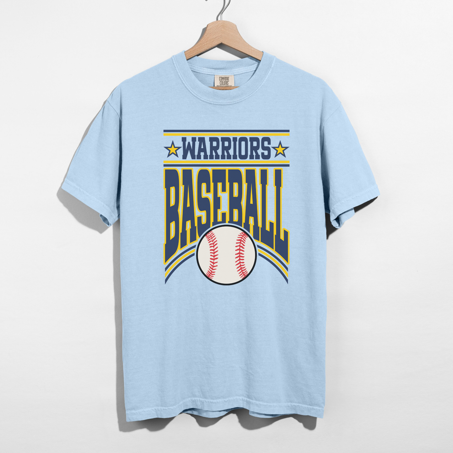 Chambray blue Warriors Baseball graphic tee featuring retro school spirit design and baseball graphic