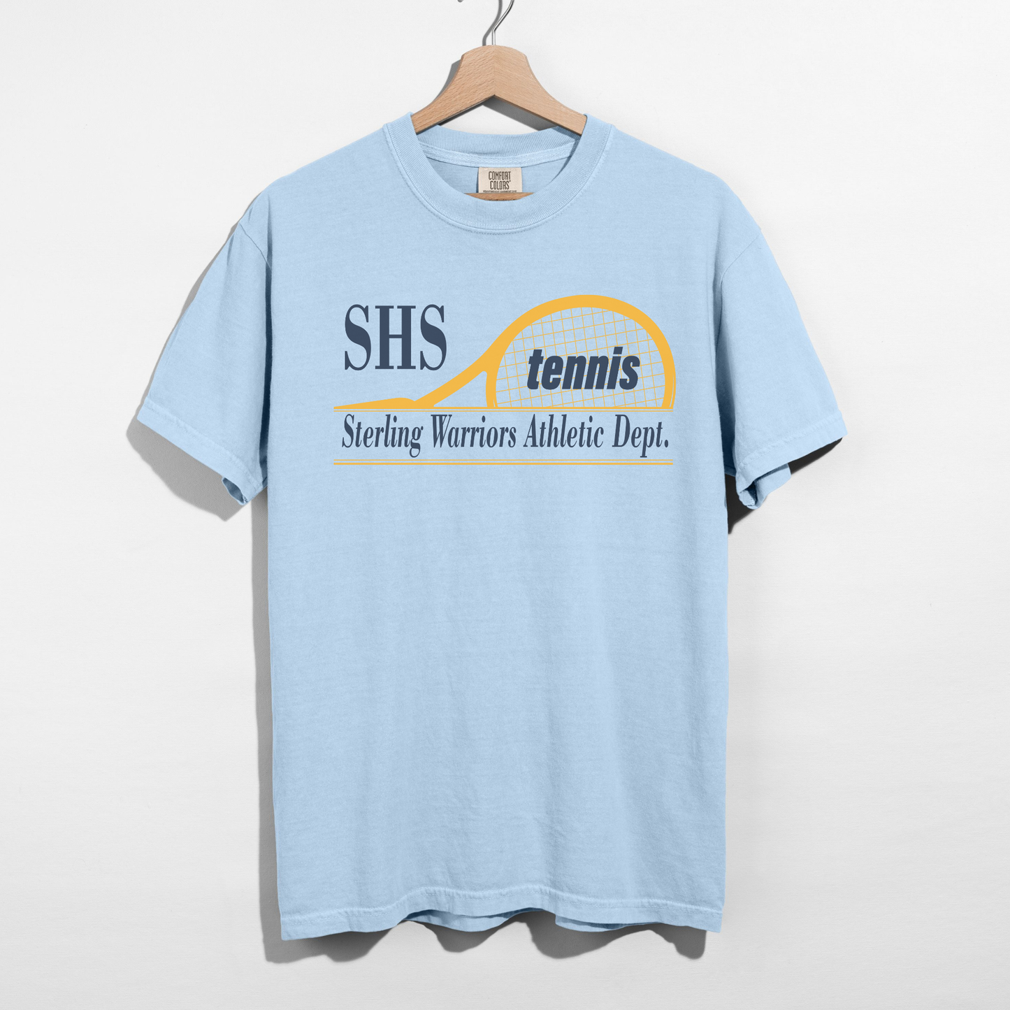 Chambray blue SHS Tennis graphic t-shirt with Sterling Warriors Athletic Dept. lettering and tennis racket design