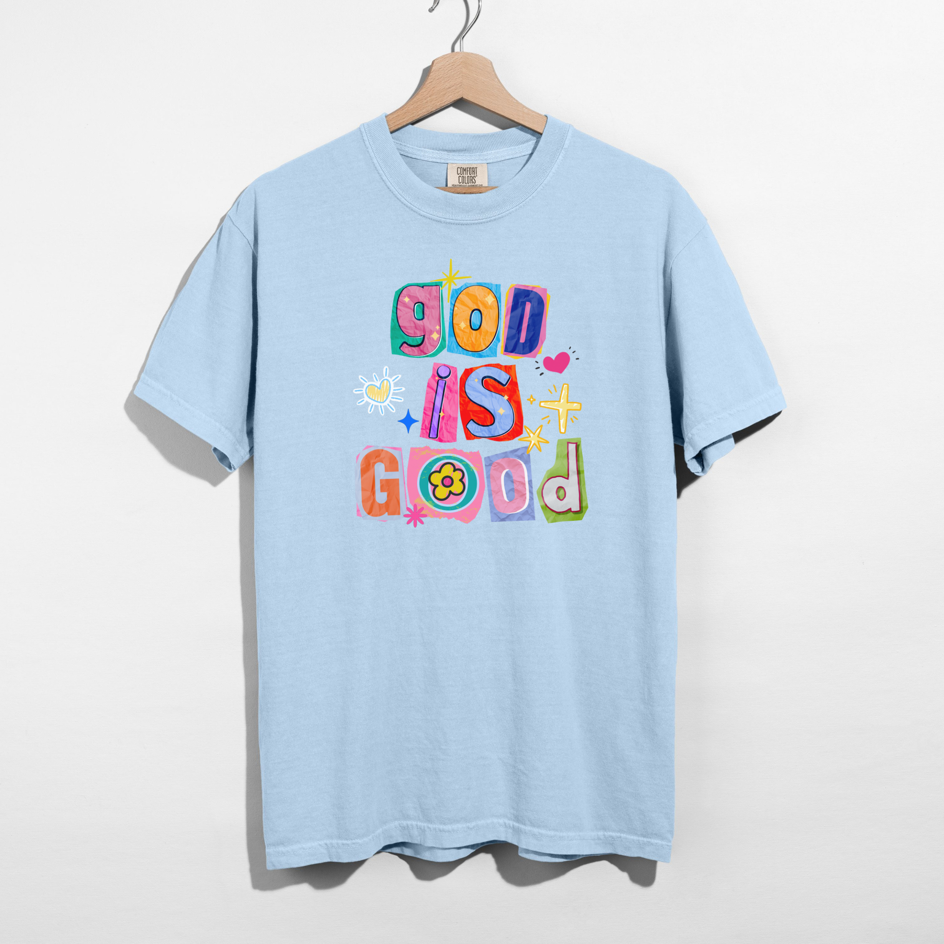 Chambray blue God Is Good Christian graphic tee
