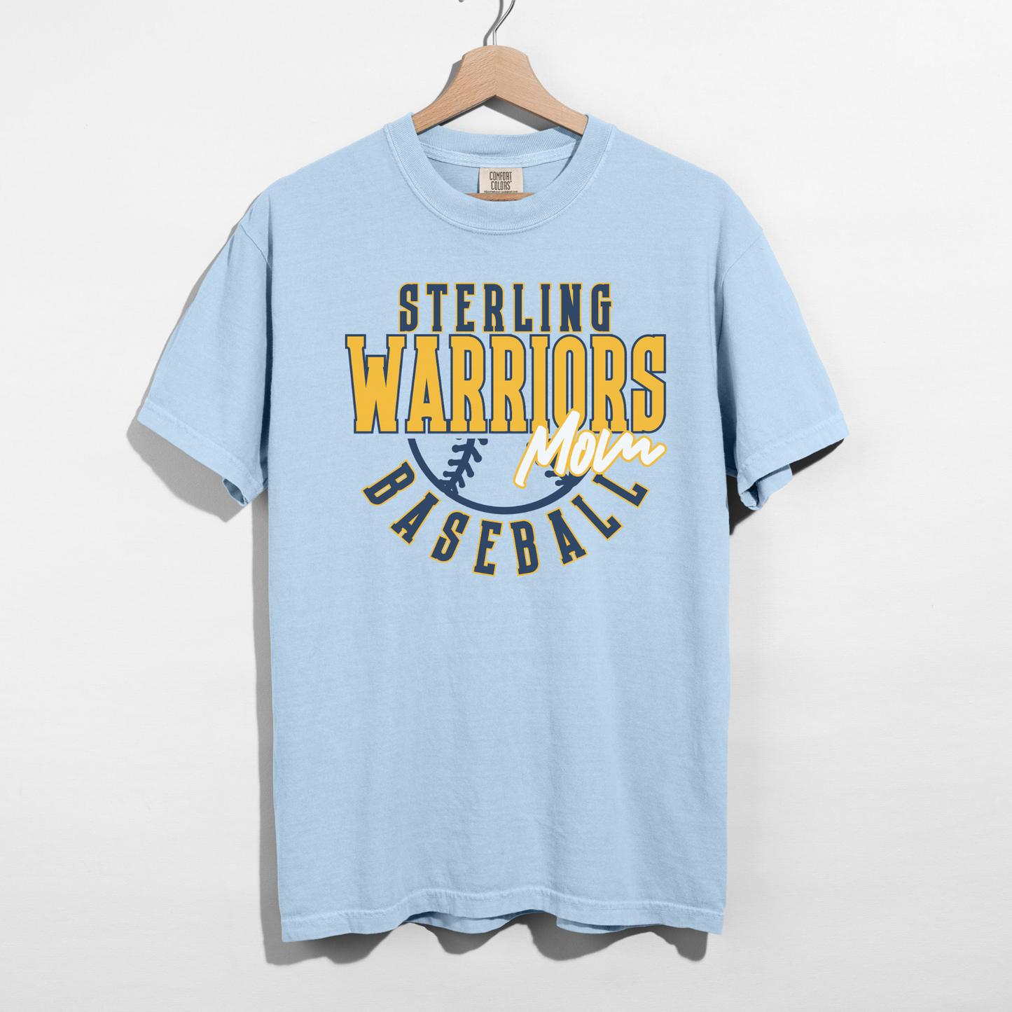 Sterling Warriors Baseball Mom chambray blue t-shirt on hanger showing full graphic baseball team spirit design