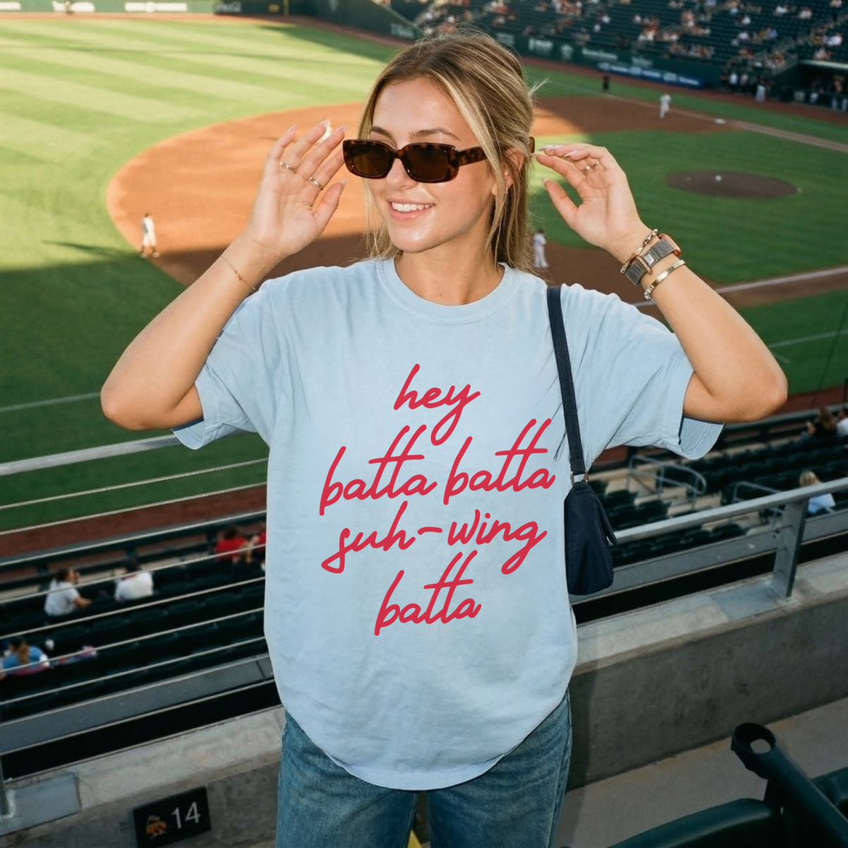 Light blue hey batta batta swing batta baseball graphic tee Comfort Colors 1717 game day outfit