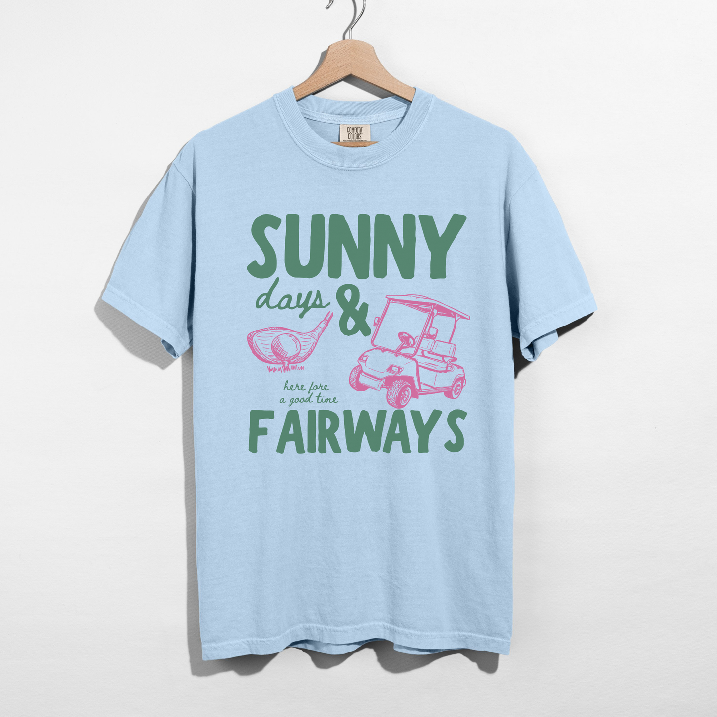Light blue Sunny Fairways graphic tee relaxed fit golf outfit aesthetic