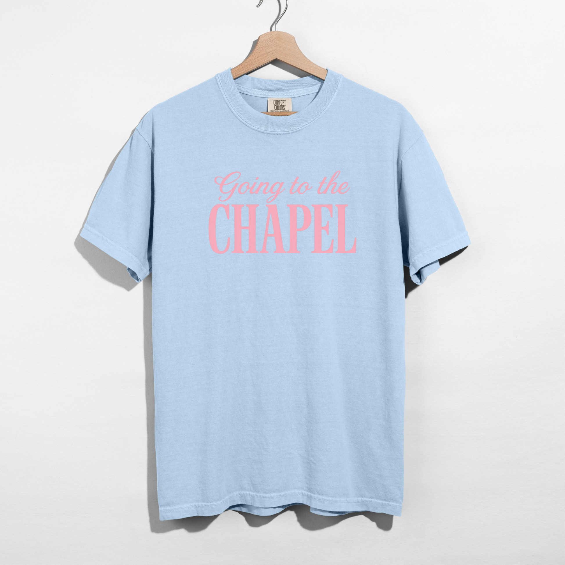 Chambray Comfort Colors tee featuring pink vintage bridal typography