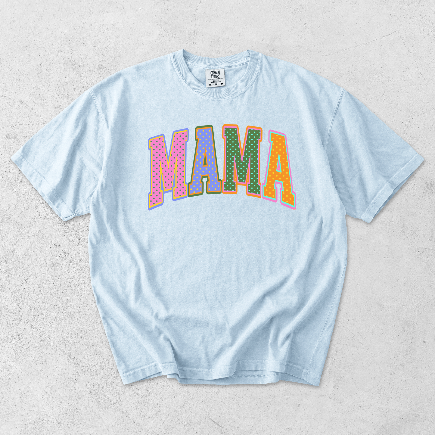 Chambray blue Comfort Colors mama graphic tee with colorful polka dot mama lettering