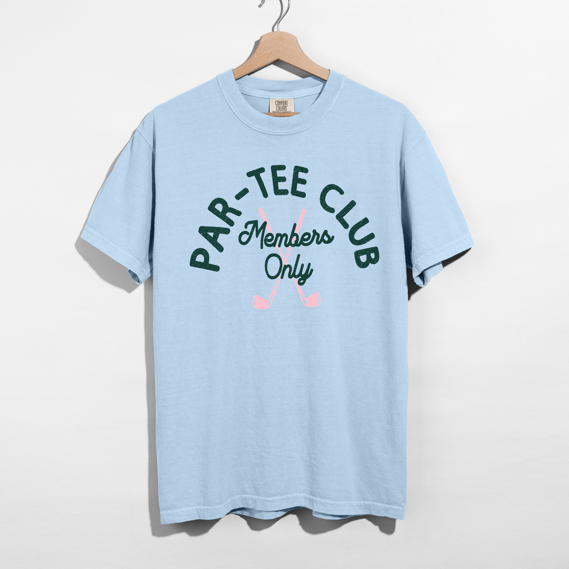 Chambray blue Par-Tee Club Members Only golf graphic tee with vintage green lettering and pink golf clubs.