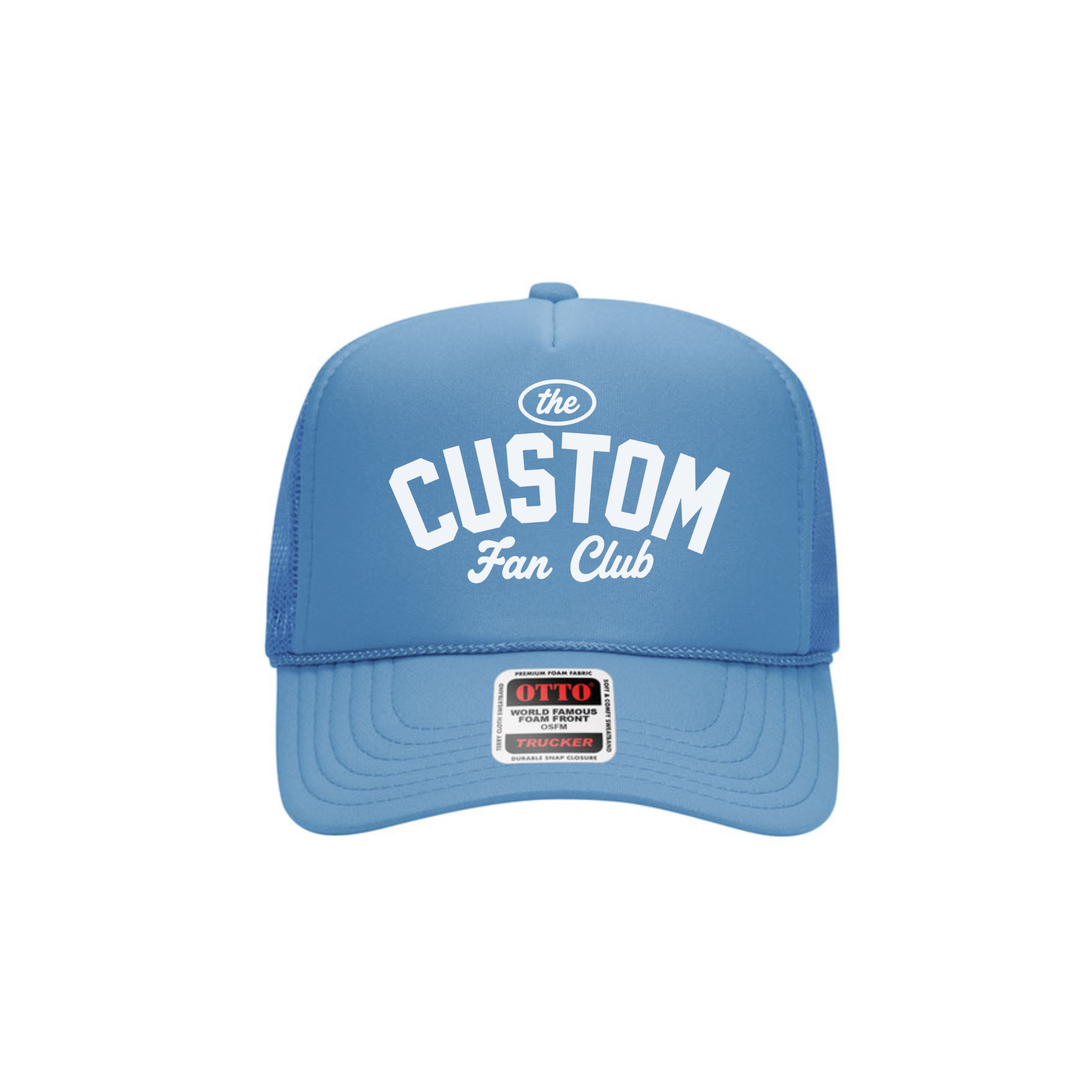 Columbia blue personalized Custom Fan Club trucker hat with customizable school name.