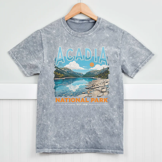 Grey mineral wash Acadia National Park scenic graphic t-shirt featuring retro mountain landscape and National Park est. 1919 detail.