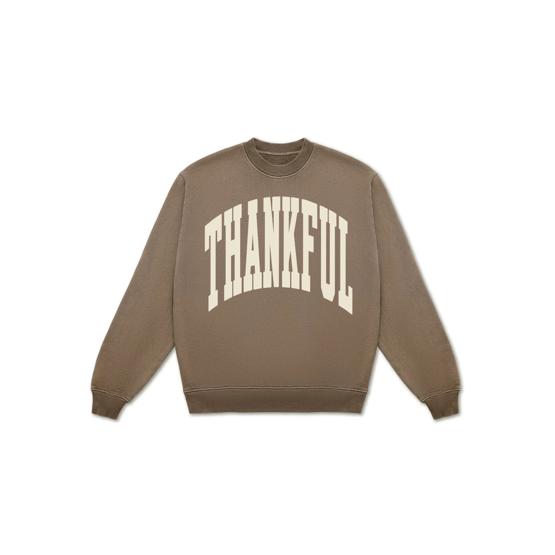Image 1: Thankful oversized heavyweight brown crewneck sweatshirt with cream collegiate graphic