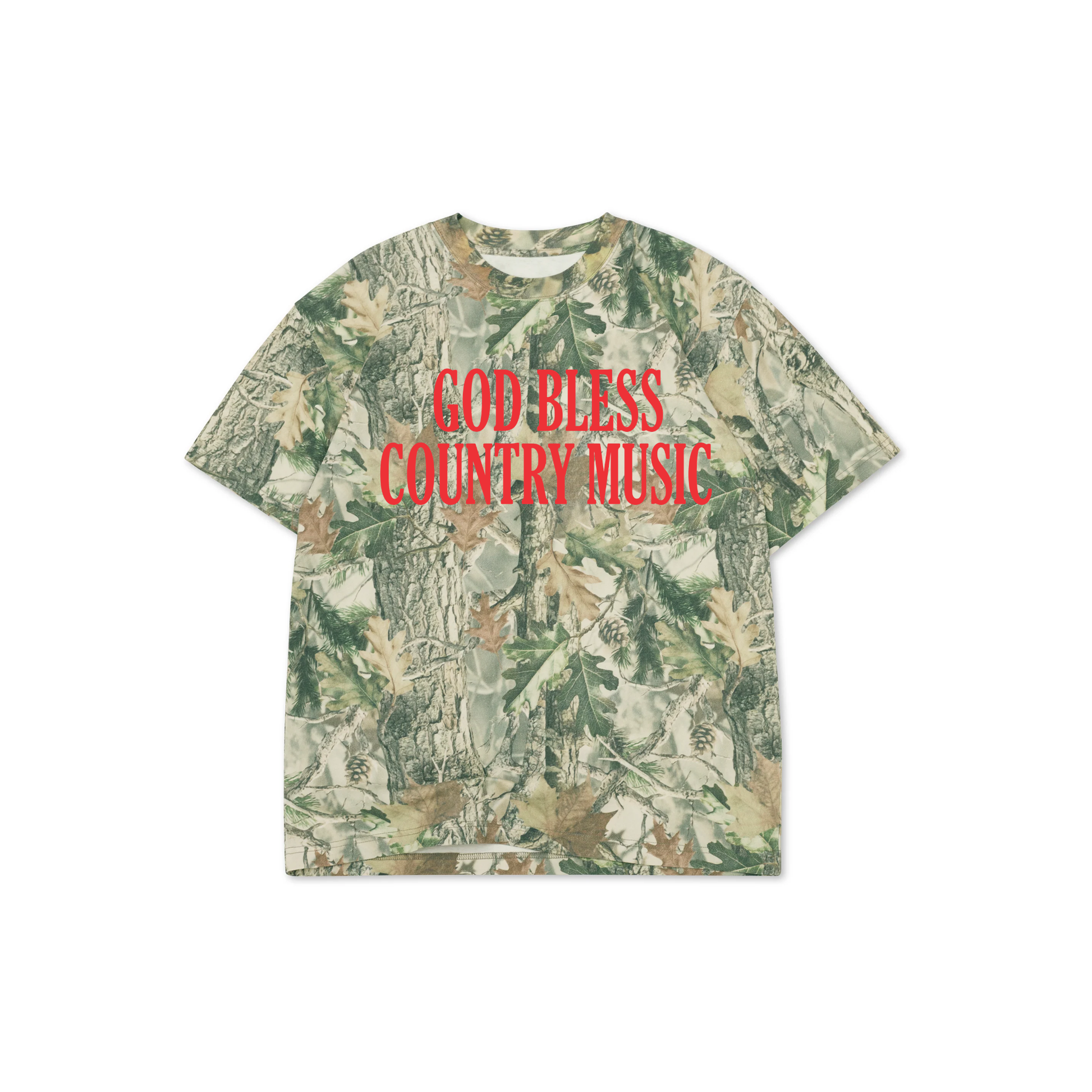 God Bless Country Music graphic printed in red on a vintage wood camouflage oversized cotton boxy tee with enzyme washed finish.