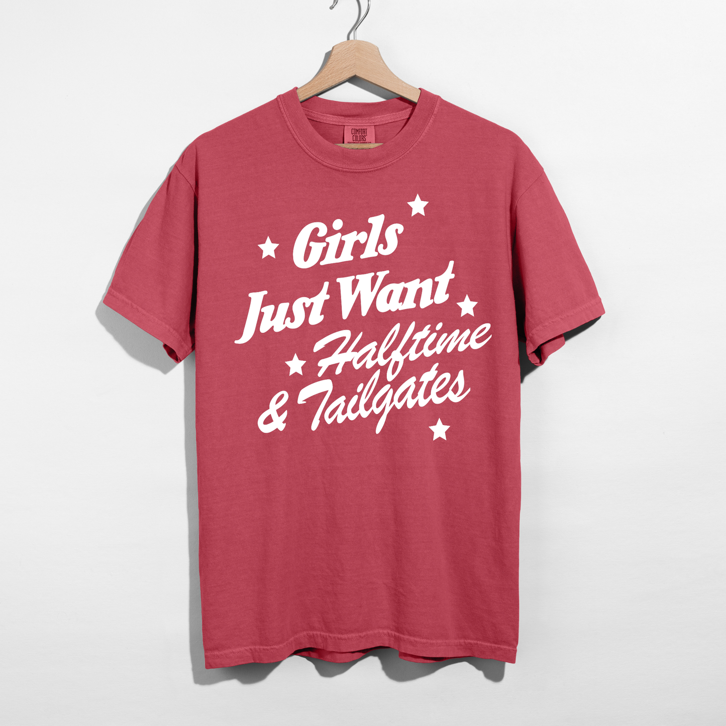 Crimson football tailgate shirt with bold Girls Just Want Halftime & Tailgates graphic.