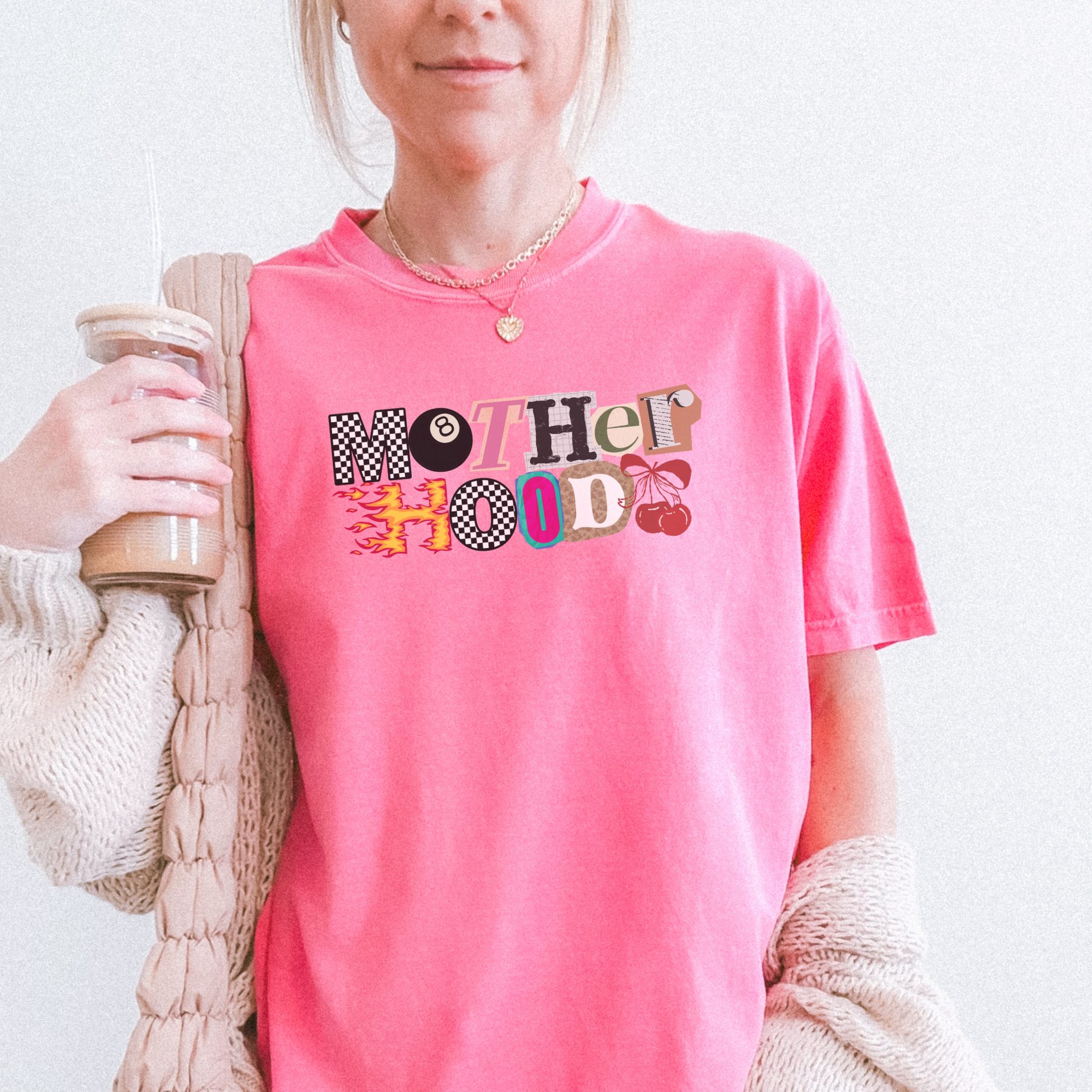 Bright pink Mother Hood t-shirt lifestyle photo – bold mama graphic tee