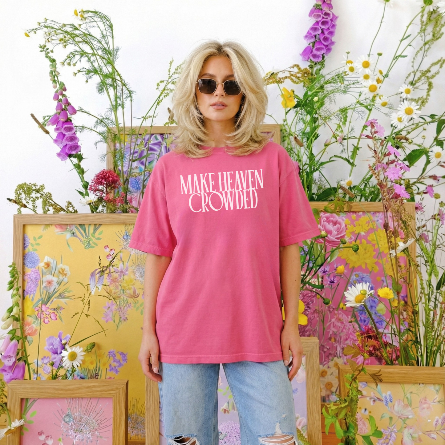 Bright pink Christian graphic t-shirt Make Heaven Crowded oversized fit