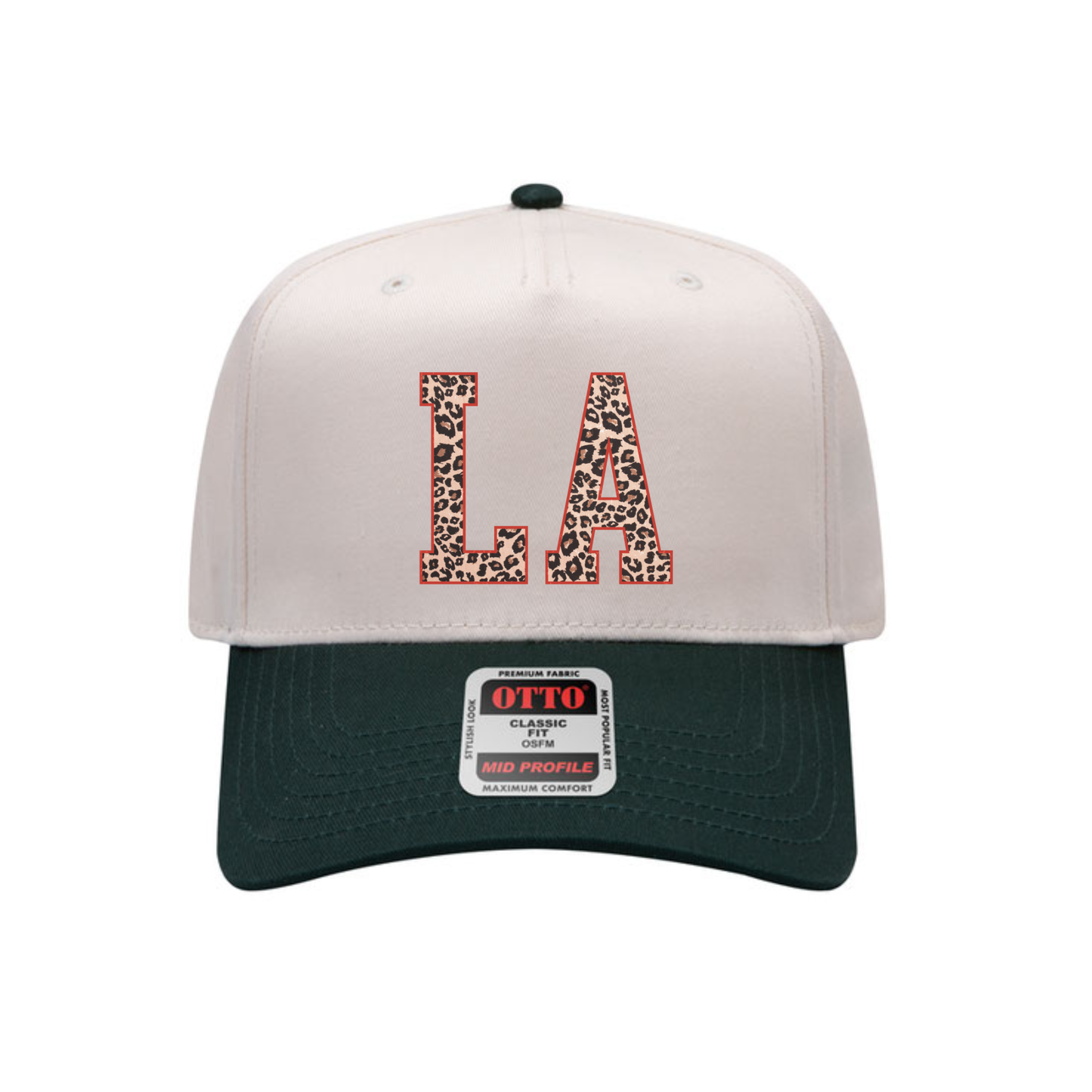 Leopard LA initial canvas baseball hat flat lay product photo
