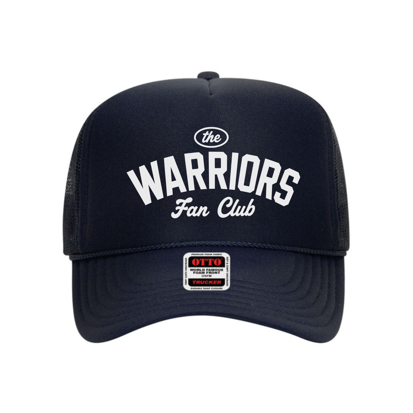 Warriors Fan Club navy foam trucker hat with white collegiate game day design on premium mesh snapback.