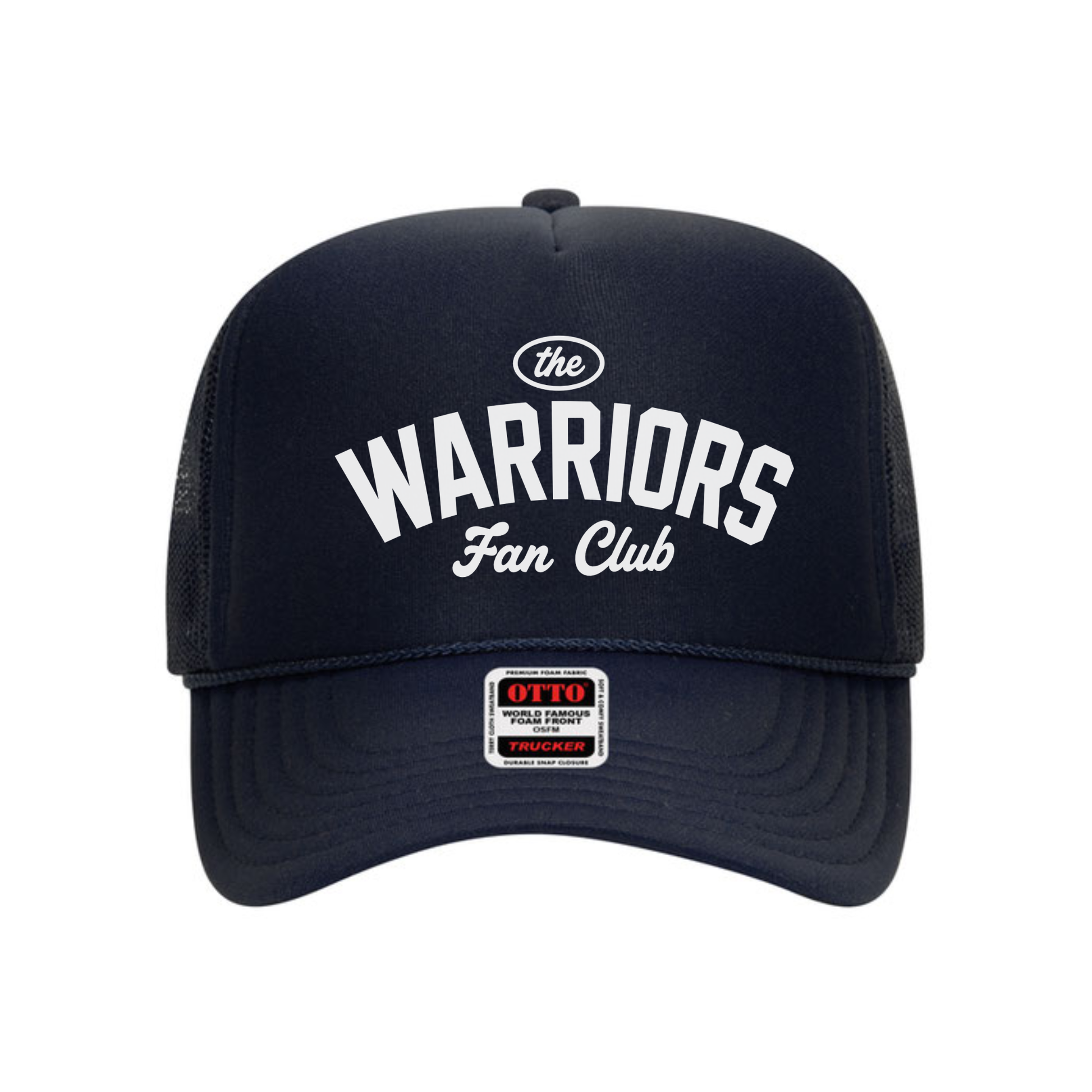 Warriors Fan Club navy foam trucker hat with white collegiate game day design on premium mesh snapback.