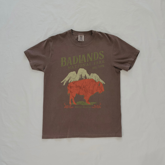 Close-up of vintage Badlands National Park bison graphic showing distressed artwork on espresso t shirt