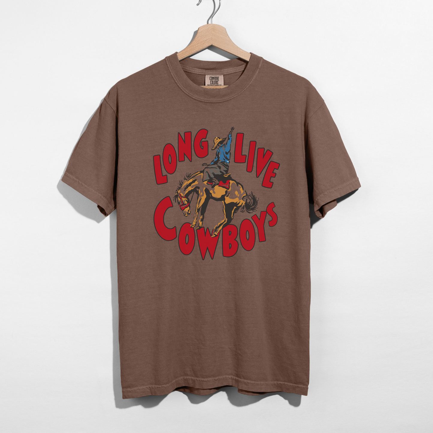 Long Live Cowboys graphic tee in brown Comfort Colors shirt with vintage rodeo bronc rider design
