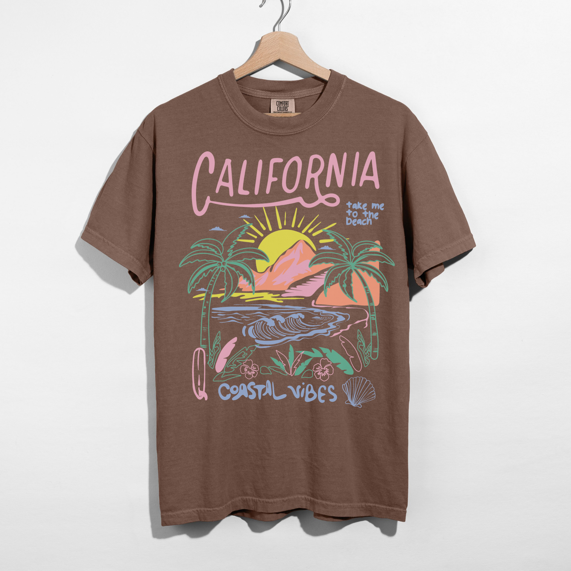 Espresso brown California Coastal Vibes tee with vintage beach graphic