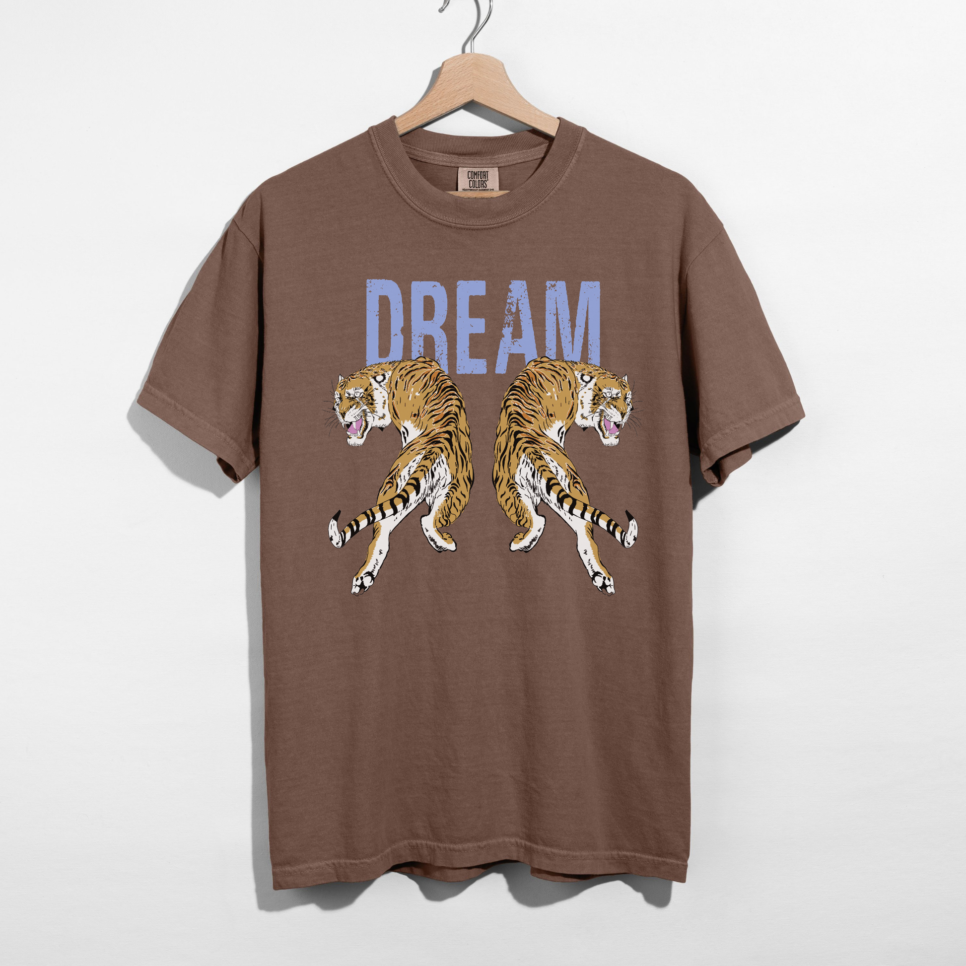 Brown espresso Dream Tiger graphic tee with double tiger design and soft washed fabric