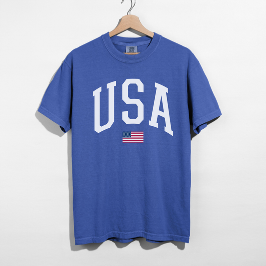 Flo blue USA patriotic shirt with white varsity lettering minimalist 4th of July tee