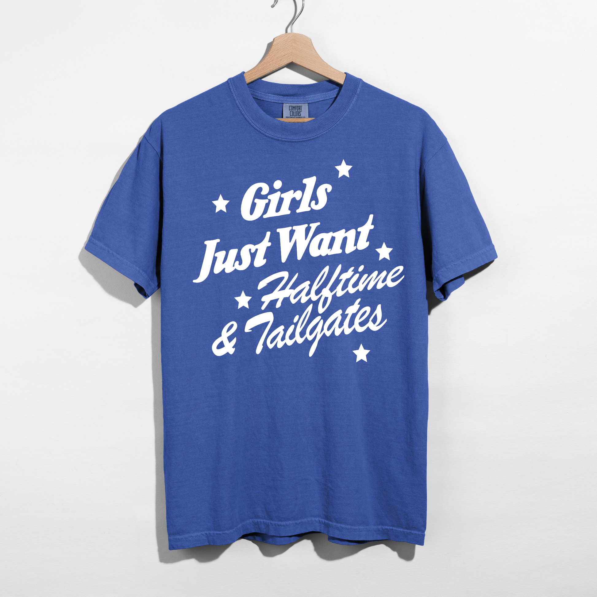 Flo Blue football graphic tee featuring Girls Just Want Halftime & Tailgates in vintage white lettering.