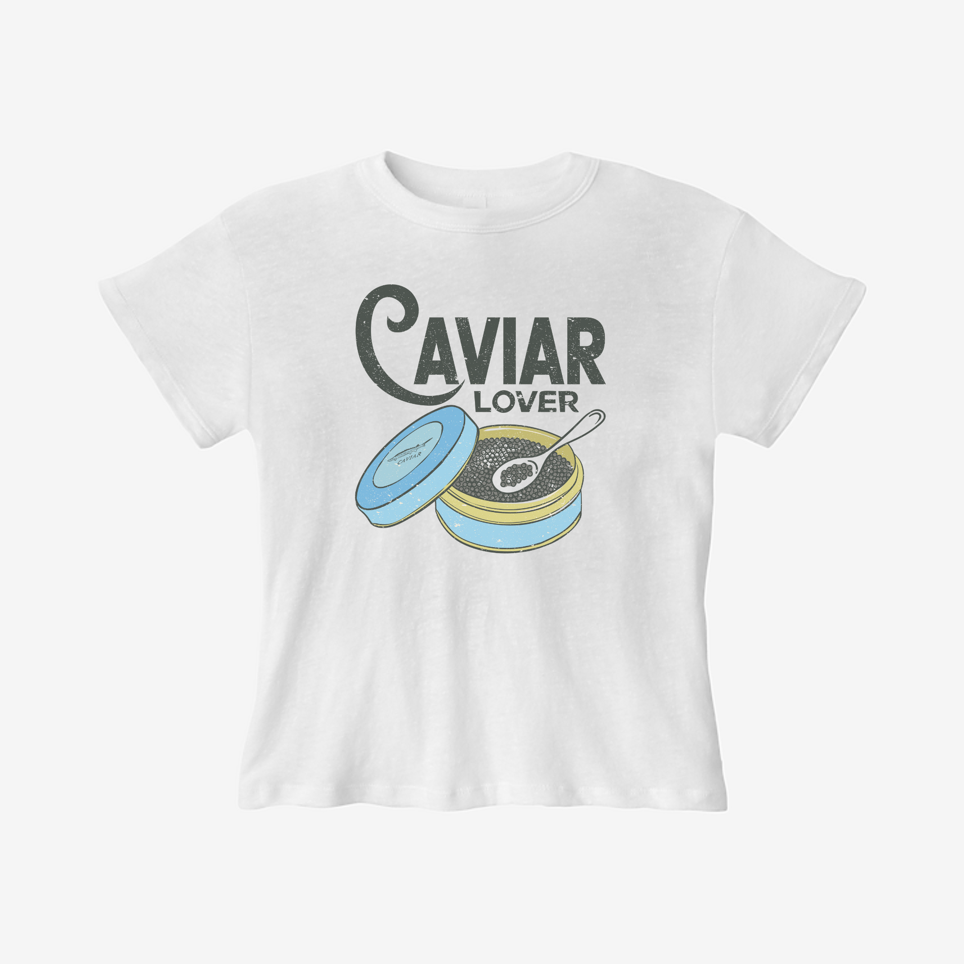Front flat-lay of white Caviar Lover graphic tee against white background.