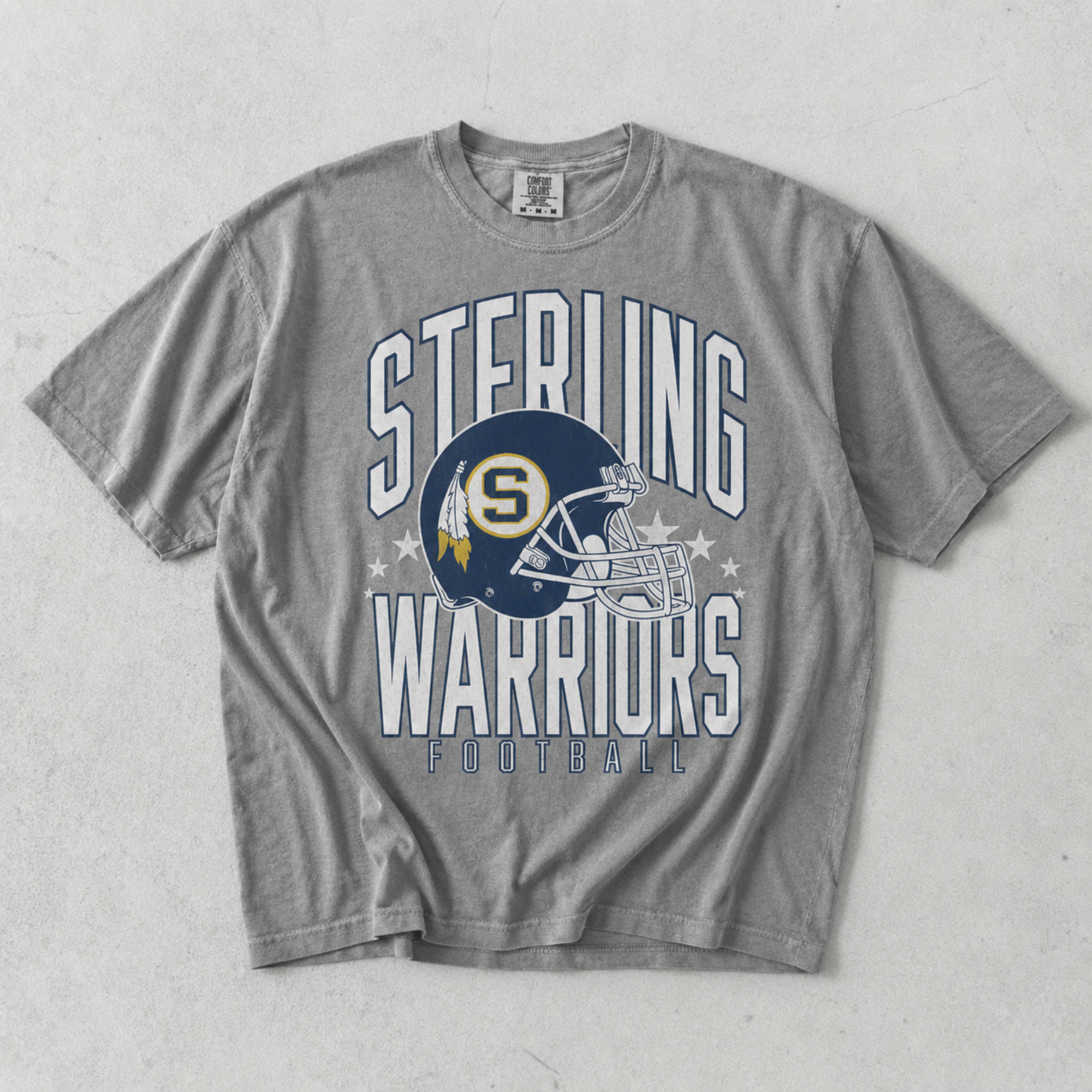 Gray Sterling Warriors Football graphic tee with oversized collegiate lettering, Warriors football helmet, and vintage game day design.