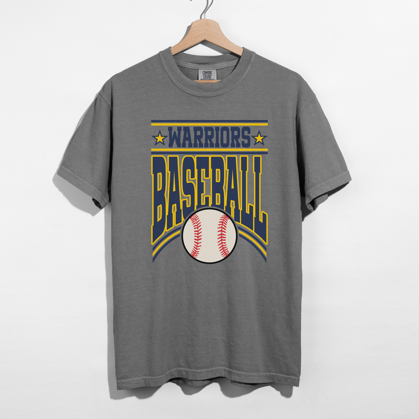Grey Warriors Baseball vintage graphic t-shirt with collegiate lettering and classic baseball artwork