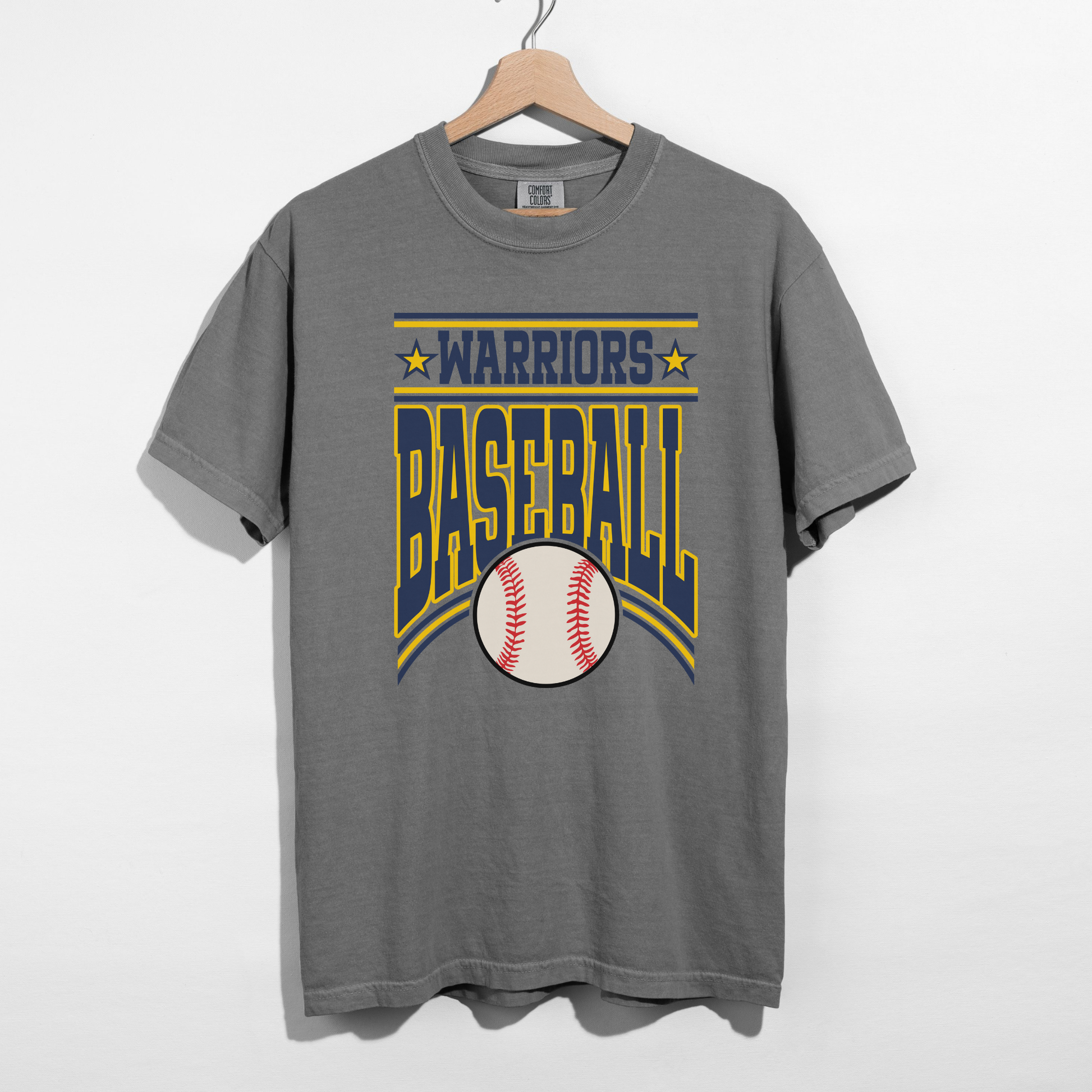 Grey Warriors Baseball vintage graphic t-shirt with collegiate lettering and classic baseball artwork