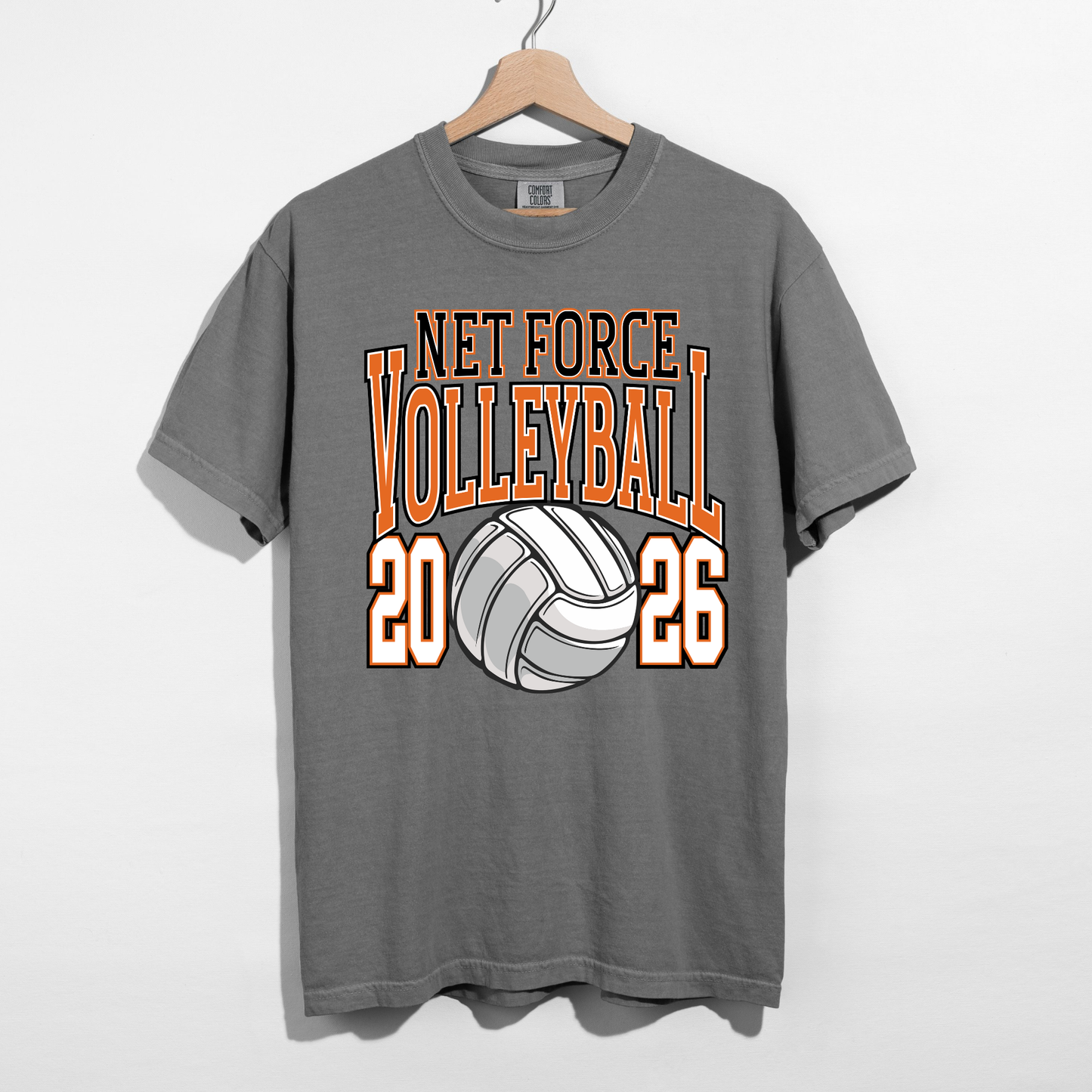 Gray Net Force Volleyball 2026 team tee on hanger
