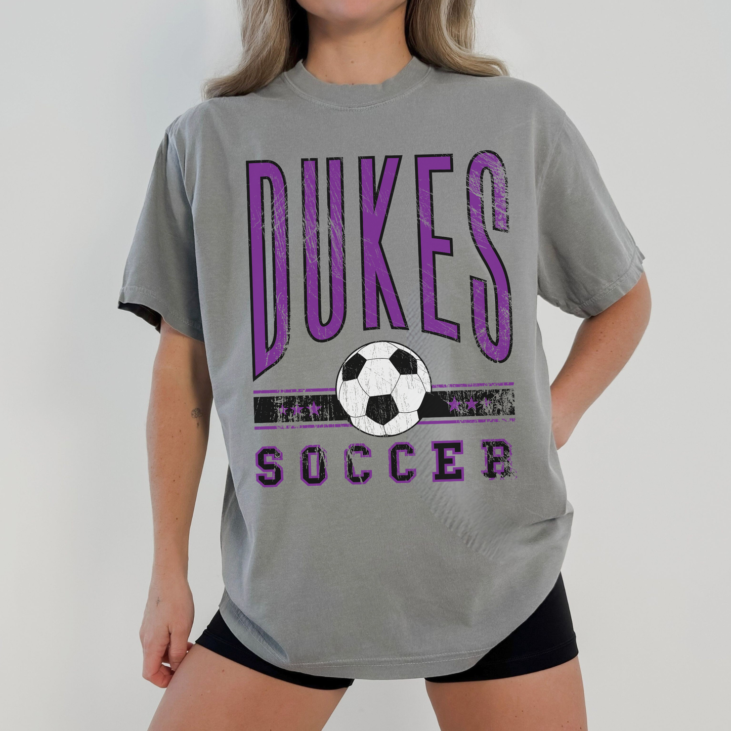 dukes soccer shirt oversized fit on model game day outfit