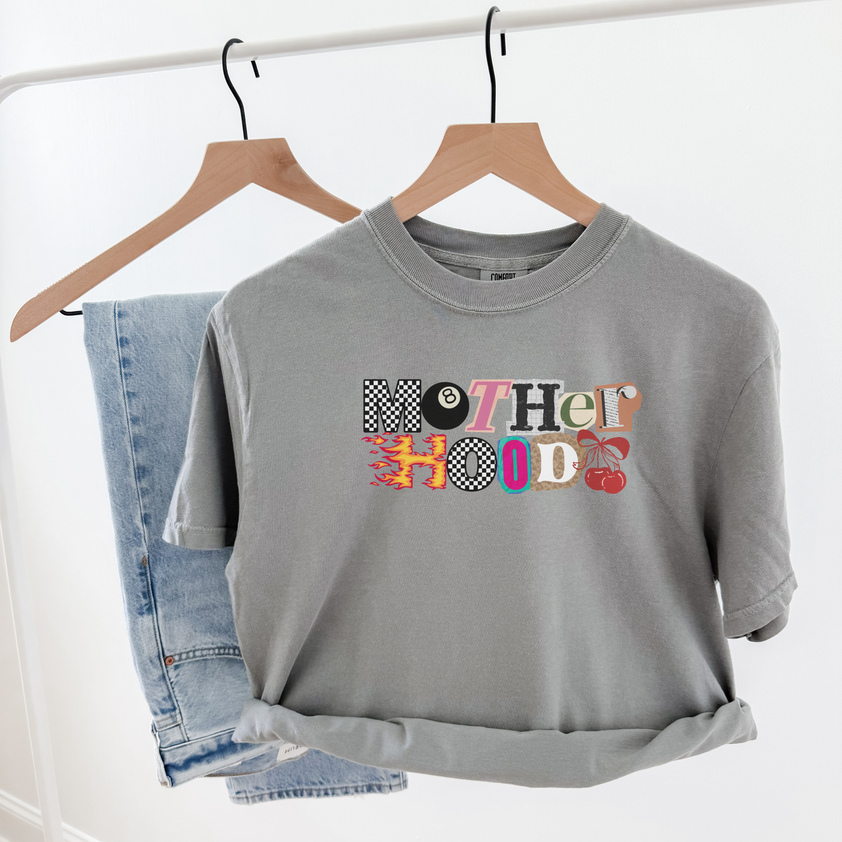 Gray Mother Hood unisex tee on hanger – everyday mom graphic shirt