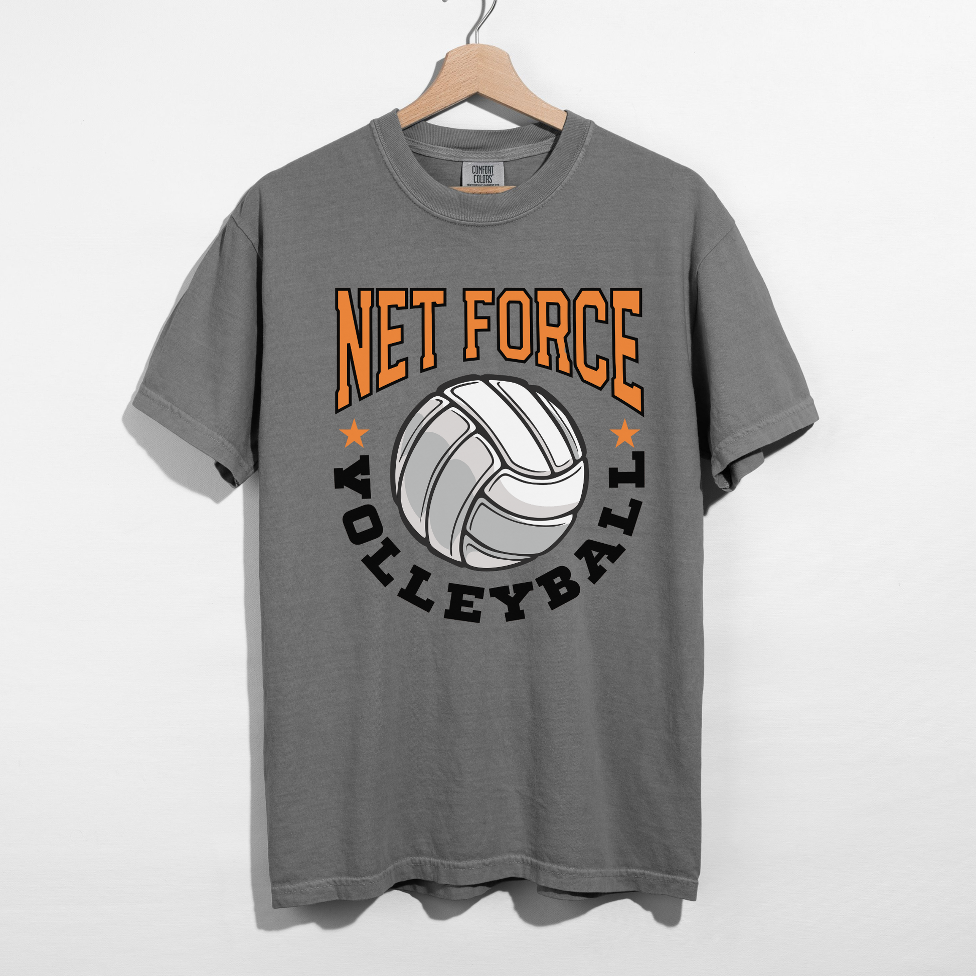 Gray Net Force Volleyball tee on hanger