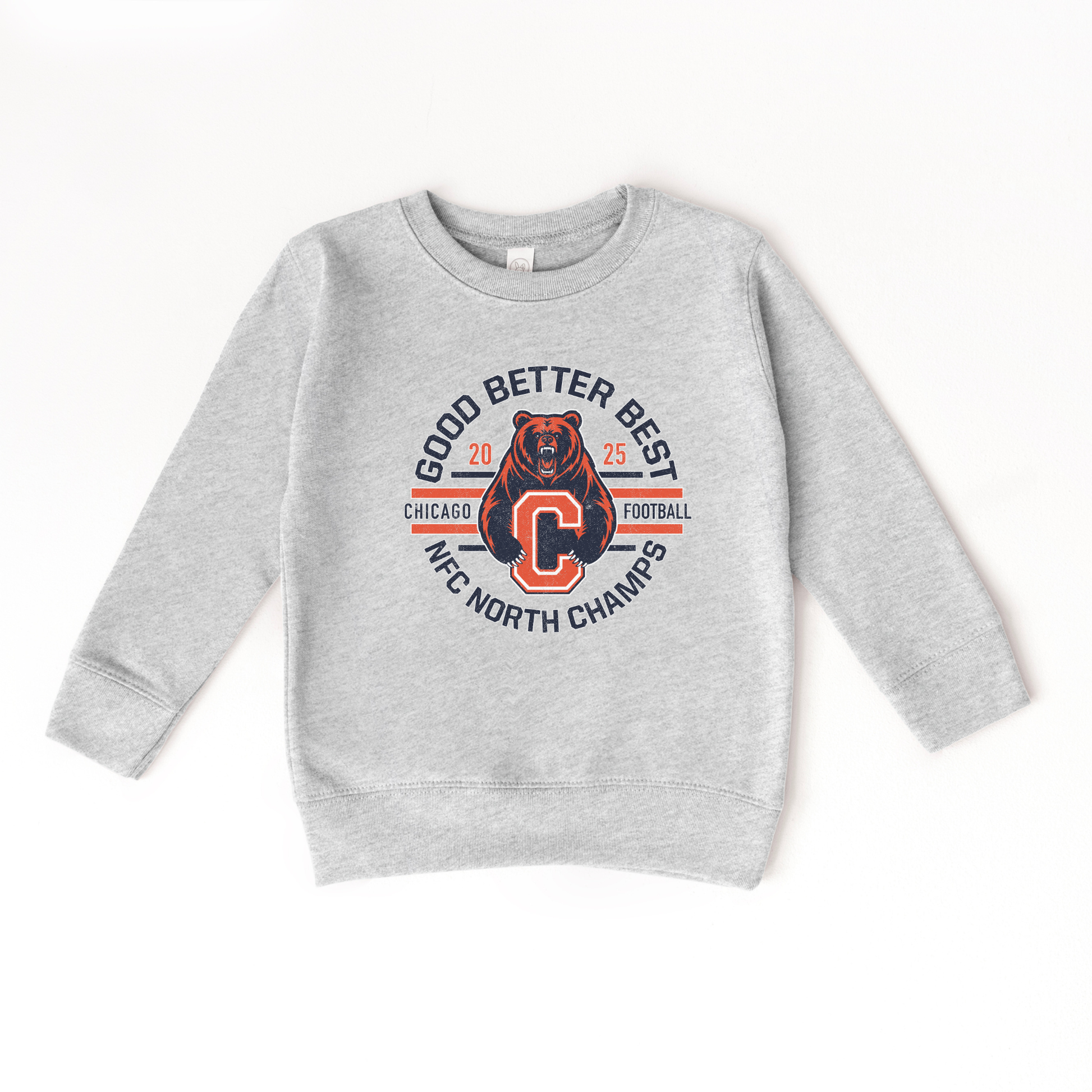 Gray sweatshirt with a bear graphic and text on a white background