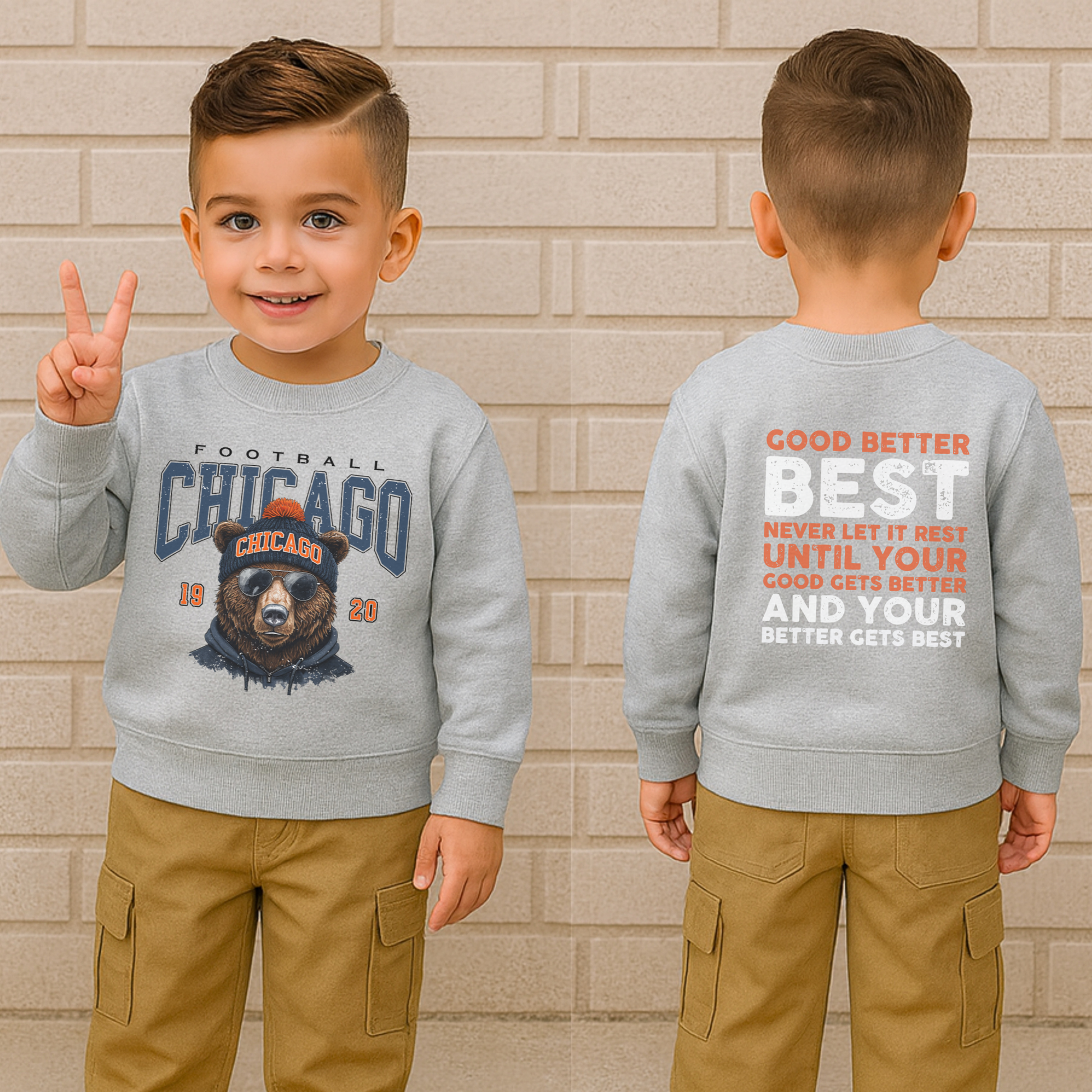 Unisex kids Chicago football crewneck sweatshirt front and back view