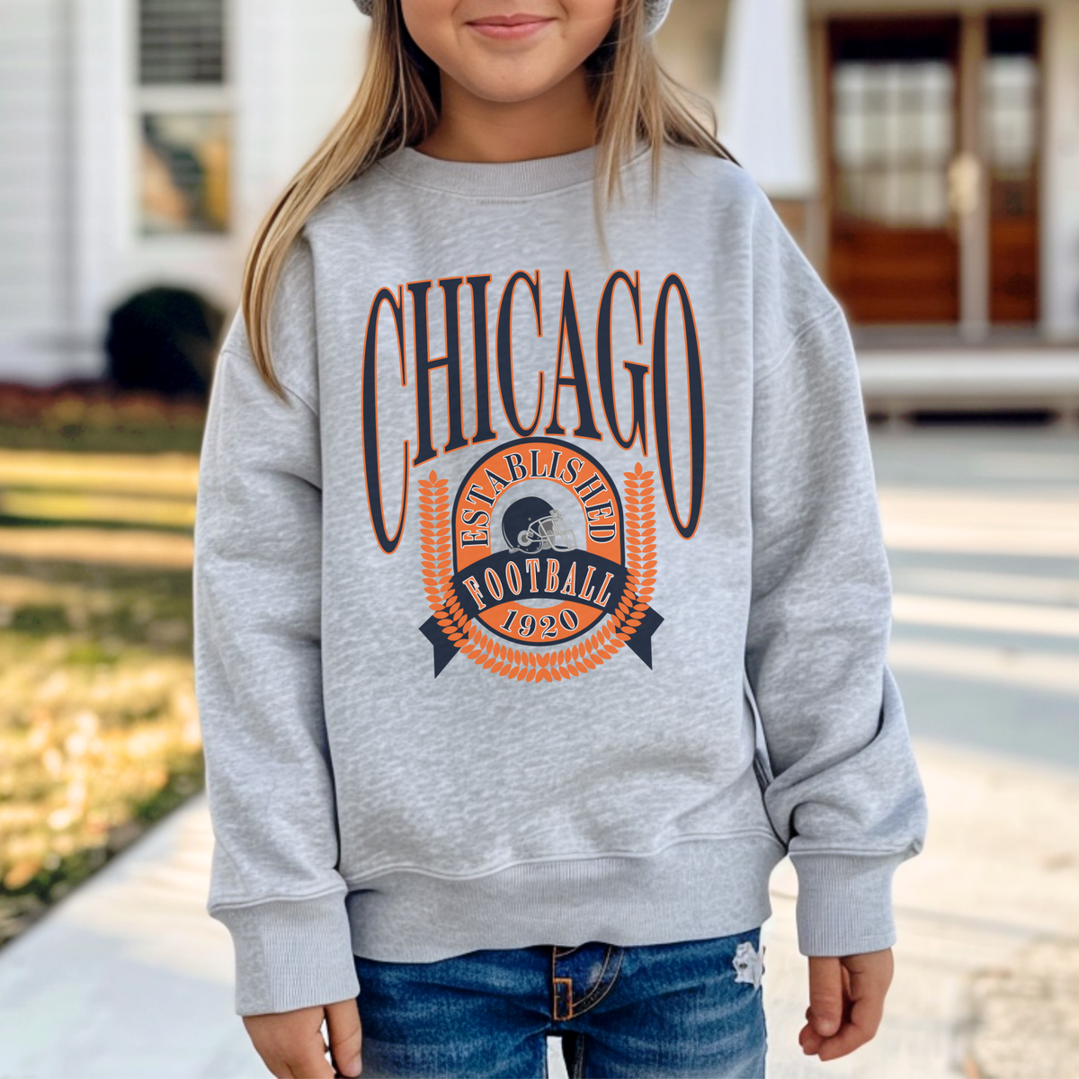 Kids Chicago Football 1920 sweatshirt front view, vintage football design