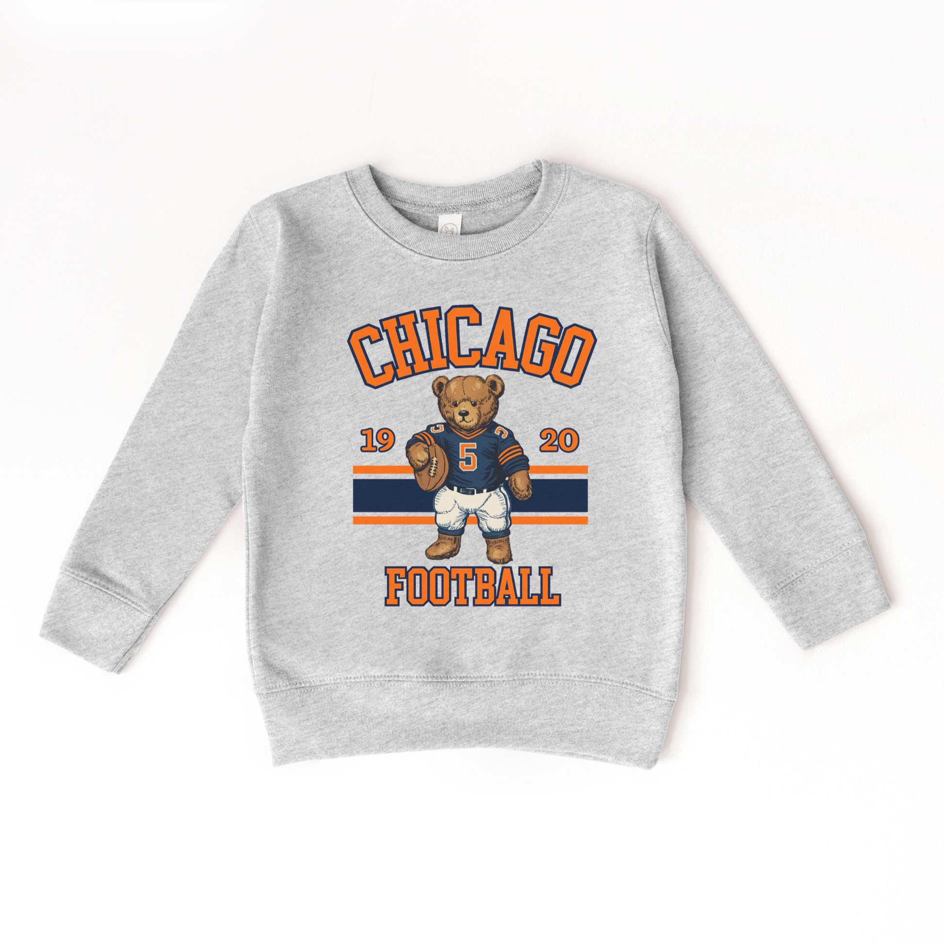 Gray sweatshirt with Chicago football design featuring a bear and numbers on a white background