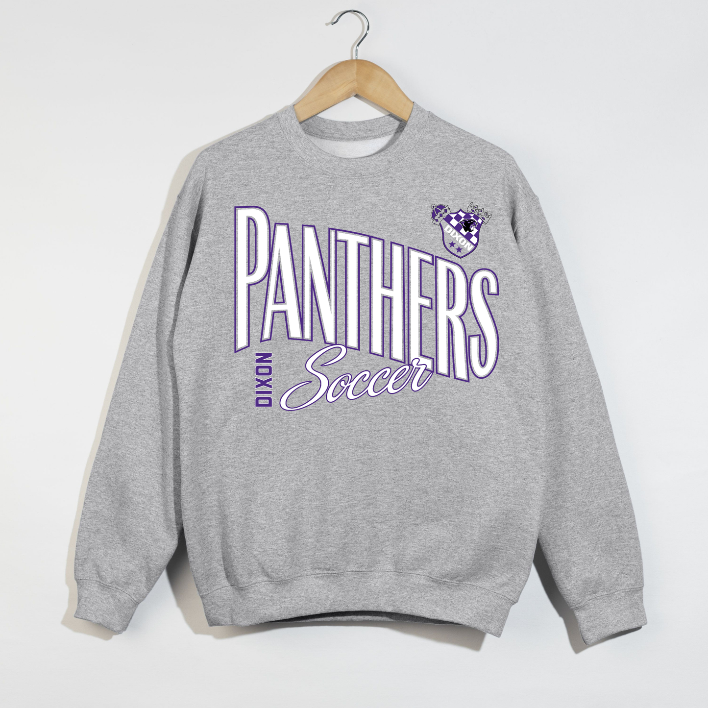 Heather grey Dixon Panthers Soccer crewneck sweatshirt with purple and white Panthers soccer graphic